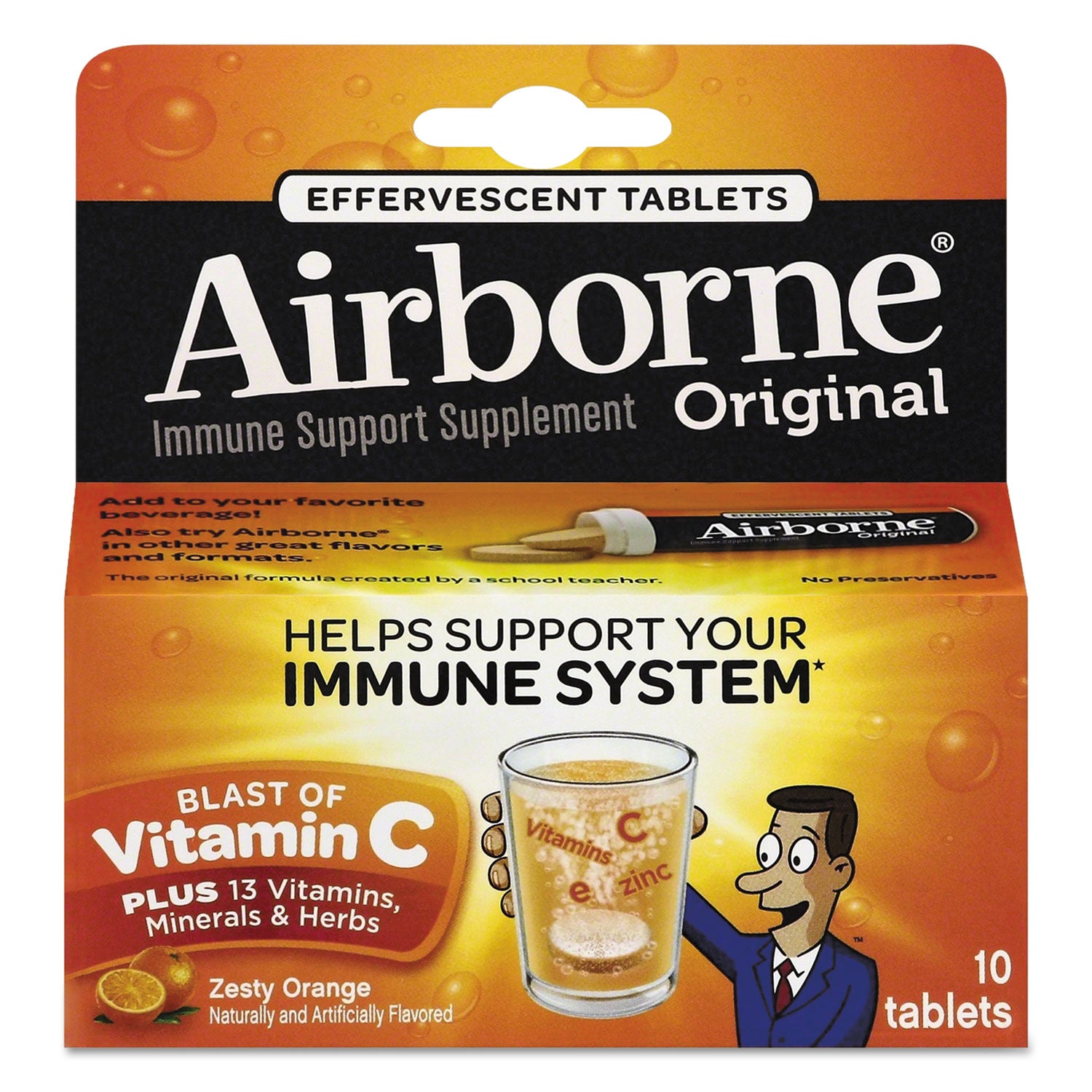 Airborne Immune Support Effervescent Tablets - Zesty Orange Flavor, Vitamin C, Zinc & Echinacea for Immune Boosting - 10 Tablets per Box - Great for Travel, Work & School