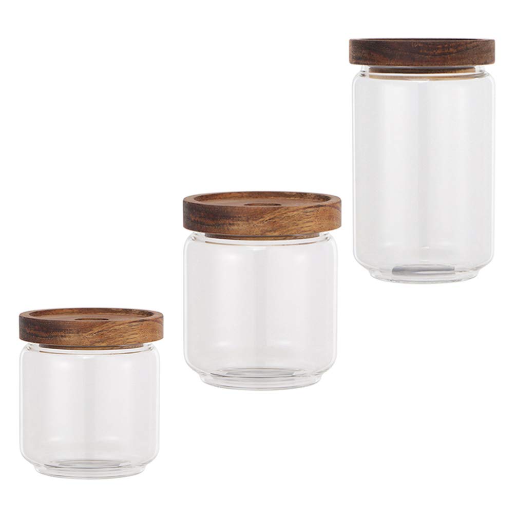 DOITOOL 3-Piece Glass Grain Storage Jars with Wooden Lids - Airtight Food Containers for Tea, Coffee, Dried Fruits, Spices & Pantry Organization | Perfect for Kitchen, Office & Home Decor