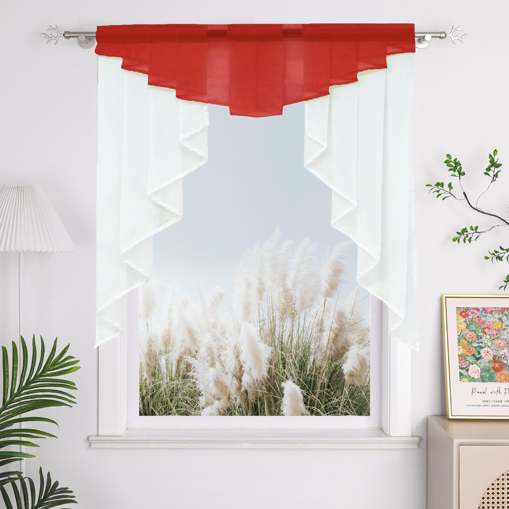 Red Window Valance Rod Pocket Sheer Voile Swag Curtain with Pleated Roman Shades - 1pc Kitchen Curtain 47
