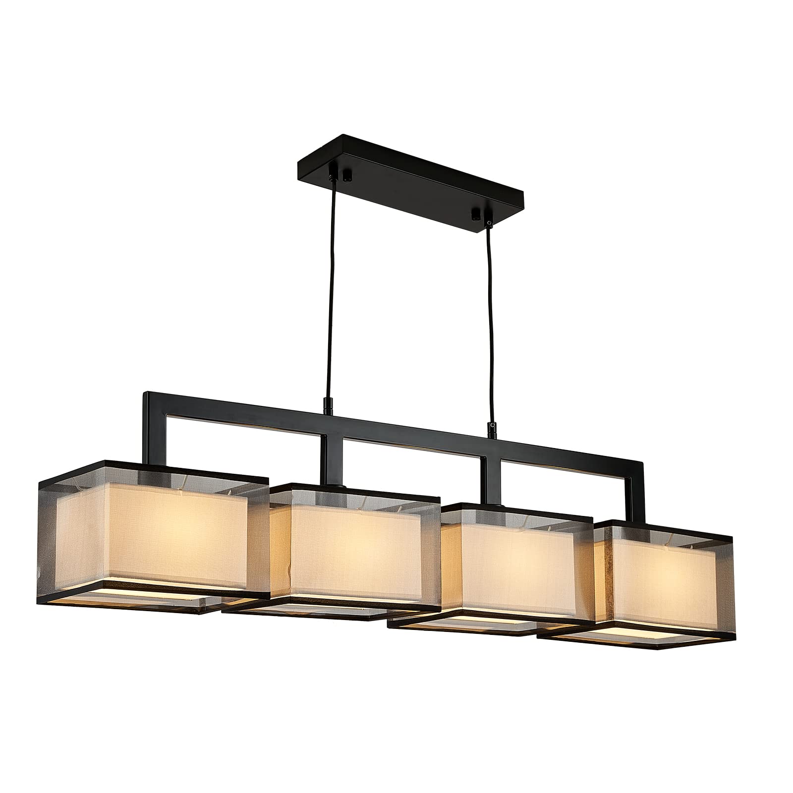 Modern Rectangular Chandelier - 4-Light Hanging Fixture with Adjustable Fabric Lampshade for Dining Room, Living Room & Restaurant Decor | Black Finish | Elegant Lighting Solution for Home & Commercial Spaces