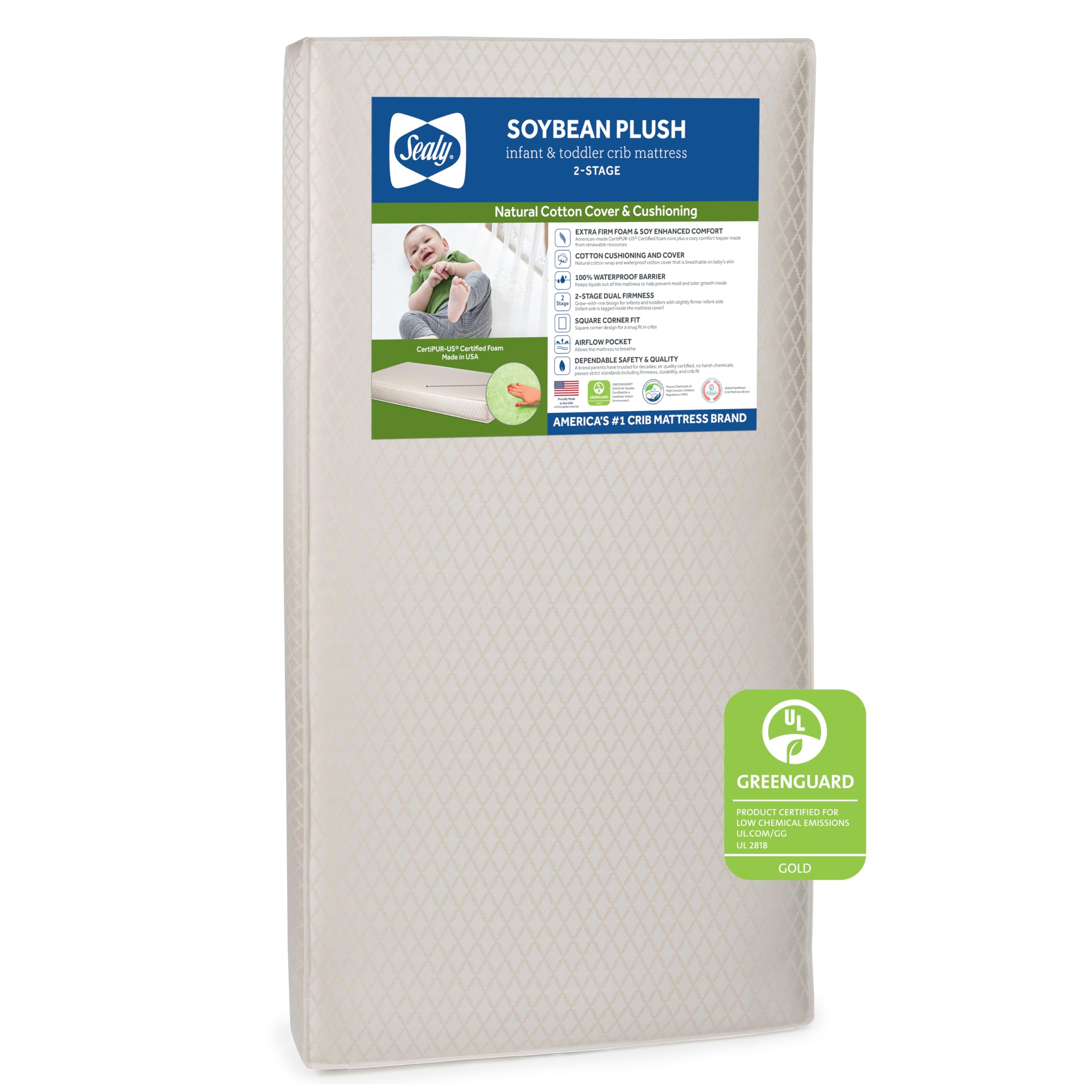 Sealy Baby Soybean Plush Breathable Crib Mattress - GREENGUARD Gold Certified, Non-Toxic & Extra Firm Foam | Fits Toddler Beds (52