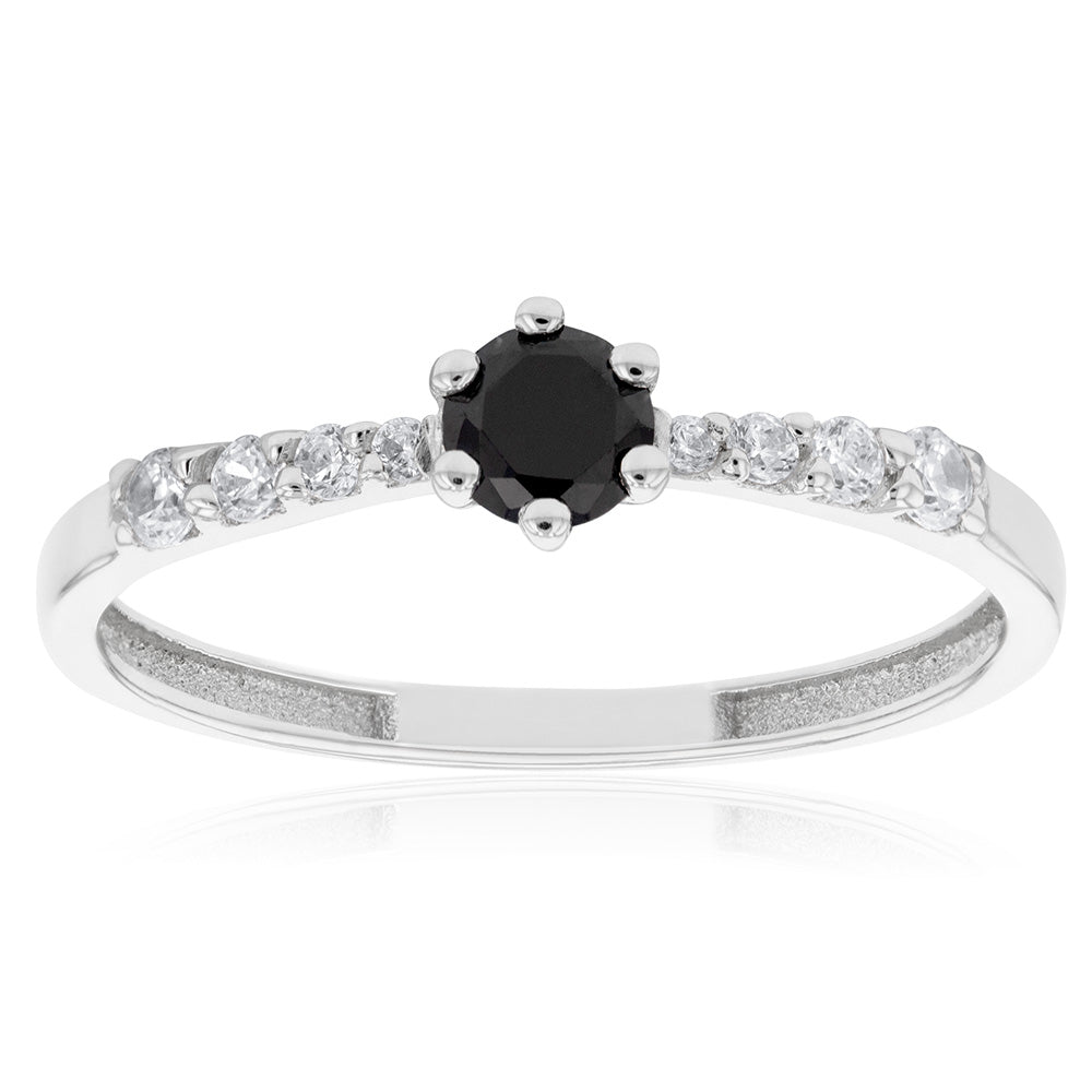 9ct White Gold Black Zirconia Solitaire Fancy Channel Ring for Women | Elegant Wedding, Engagement & Anniversary Jewelry Gift