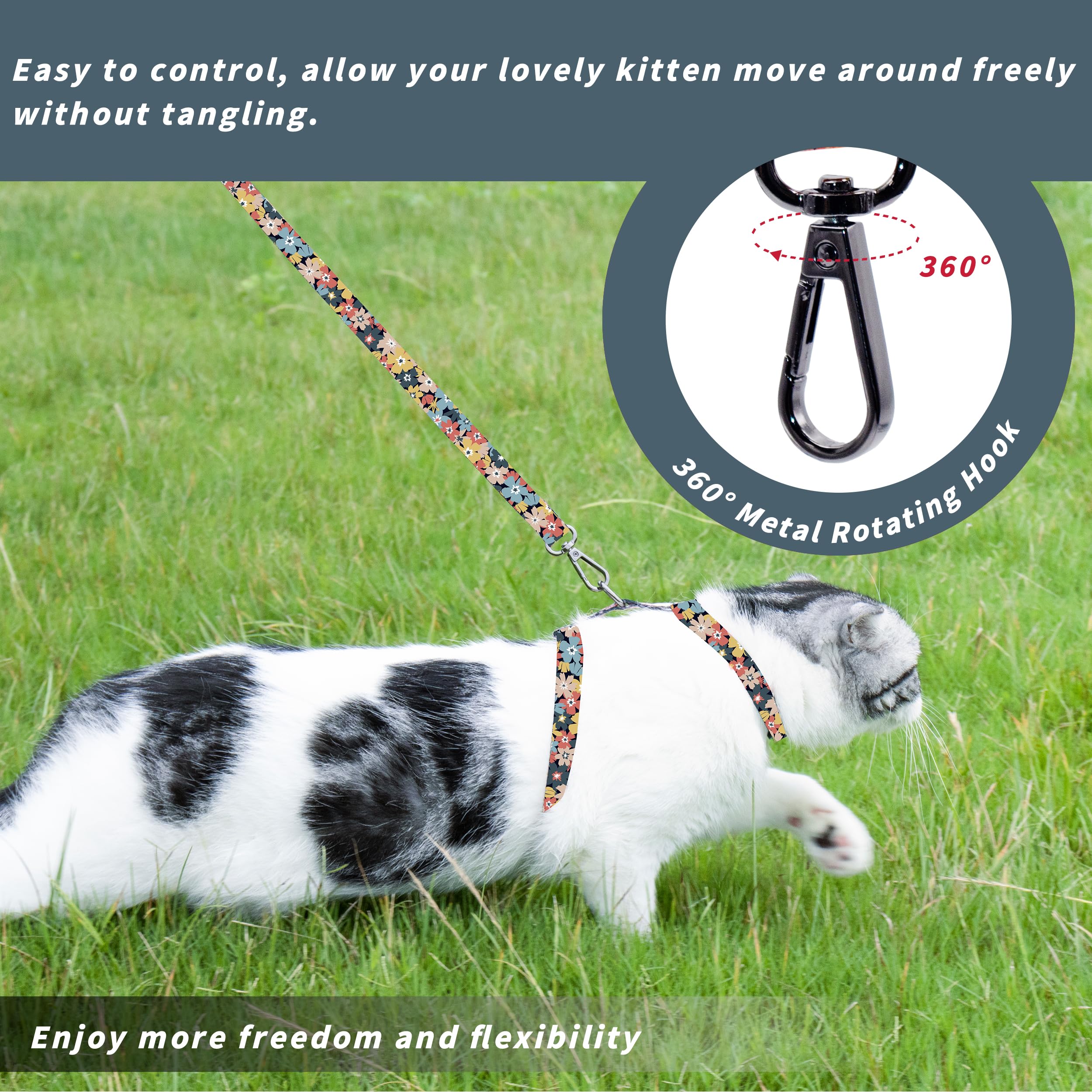 Adjustable Escape-Proof Cat Harness & Leash Set - Soft Lightweight Pet Walking Vest for Small to Medium Cats - Multi-Floral Design - Perfect for Outdoor Adventures, Travel & Daily Walks