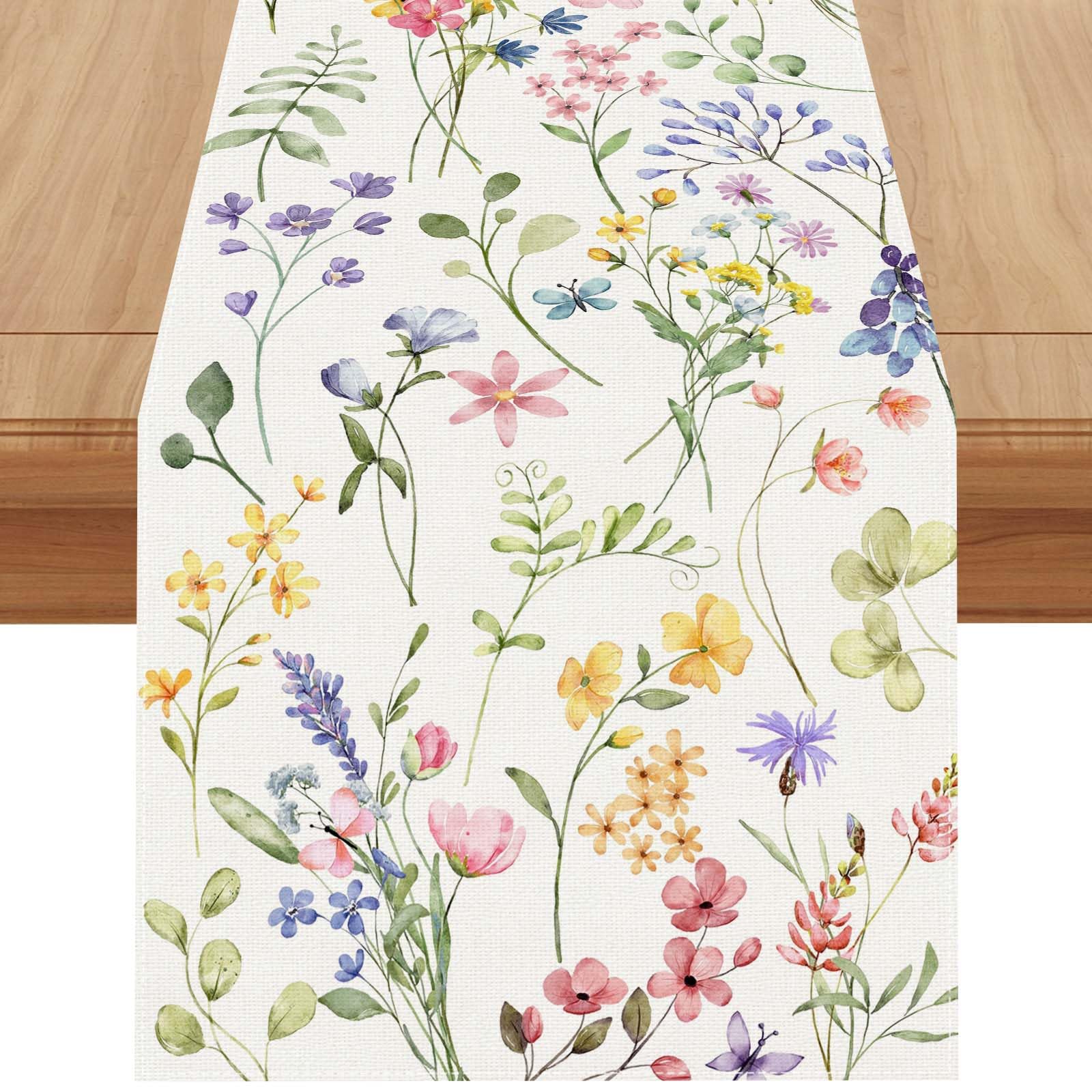 72 Inch Linen Watercolor Floral Table Runner for Spring Summer Easter, Elegant Flower Design for Home Kitchen Dining Room Decor, Perfect for Weddings and Parties