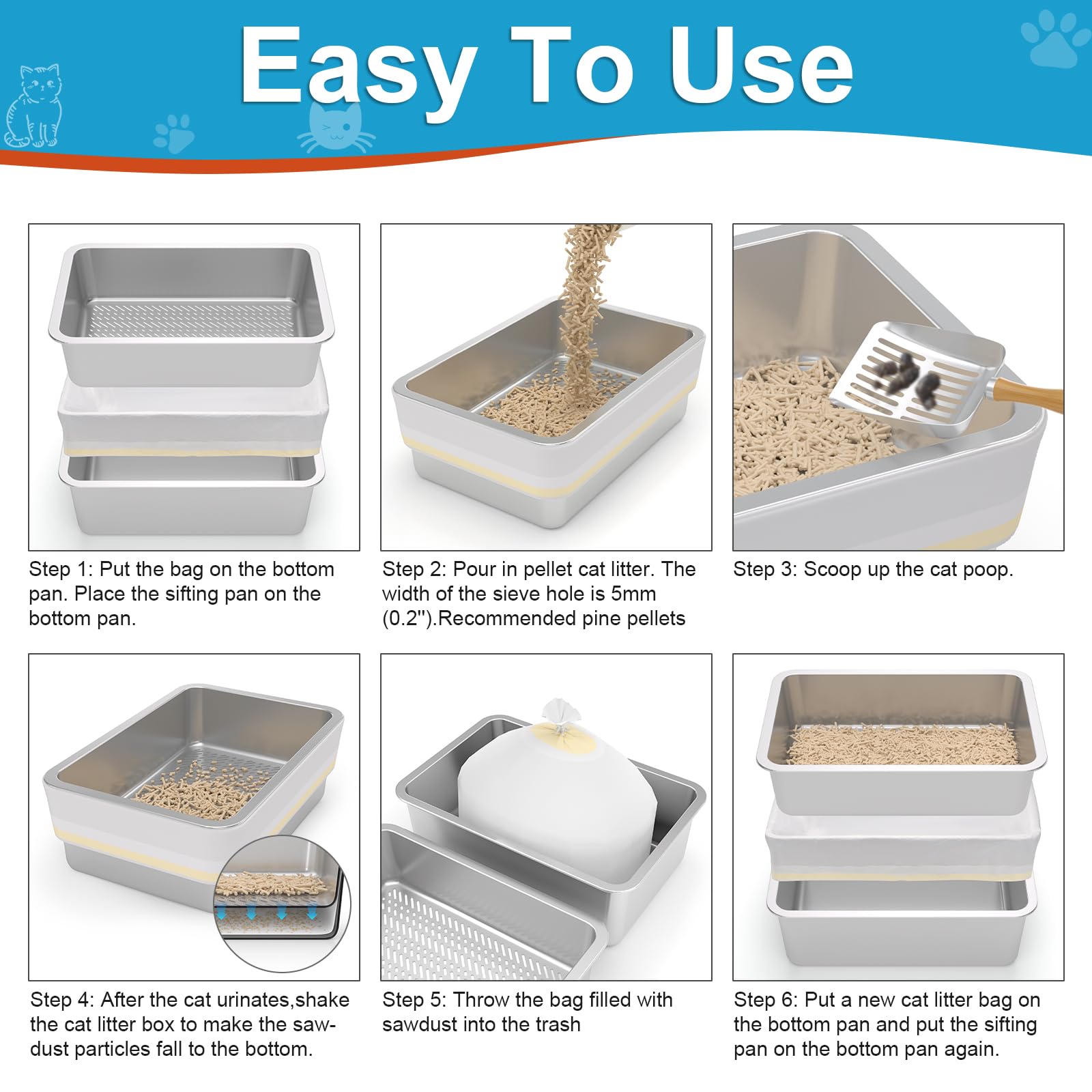XXL Stainless Steel Sifting Litter Box for Large Cats - Metal Sifter Pan for Wood & Pine Pellet Litter - Extra Large Odor Control Cat Litter System with Scoop & Liners - Easy Clean Design for Multi-Cat Homes & Heavy Duty Use
