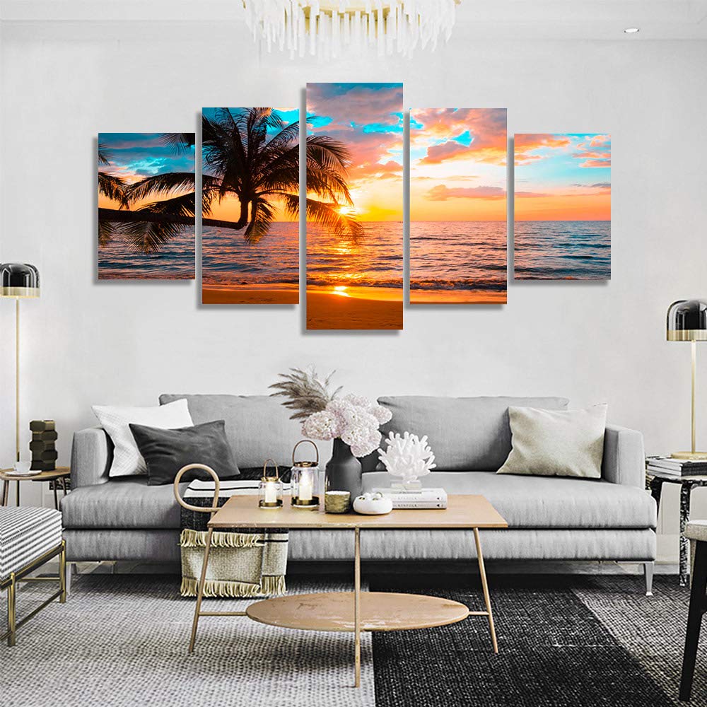 Abstract Ocean Landscape Wall Art - Blue Sky & Beach Canvas Print Painting for Home Decor (Set of 5, 80x40 Inches) - Perfect for Living Room, Bedroom & Office Wall Decorations