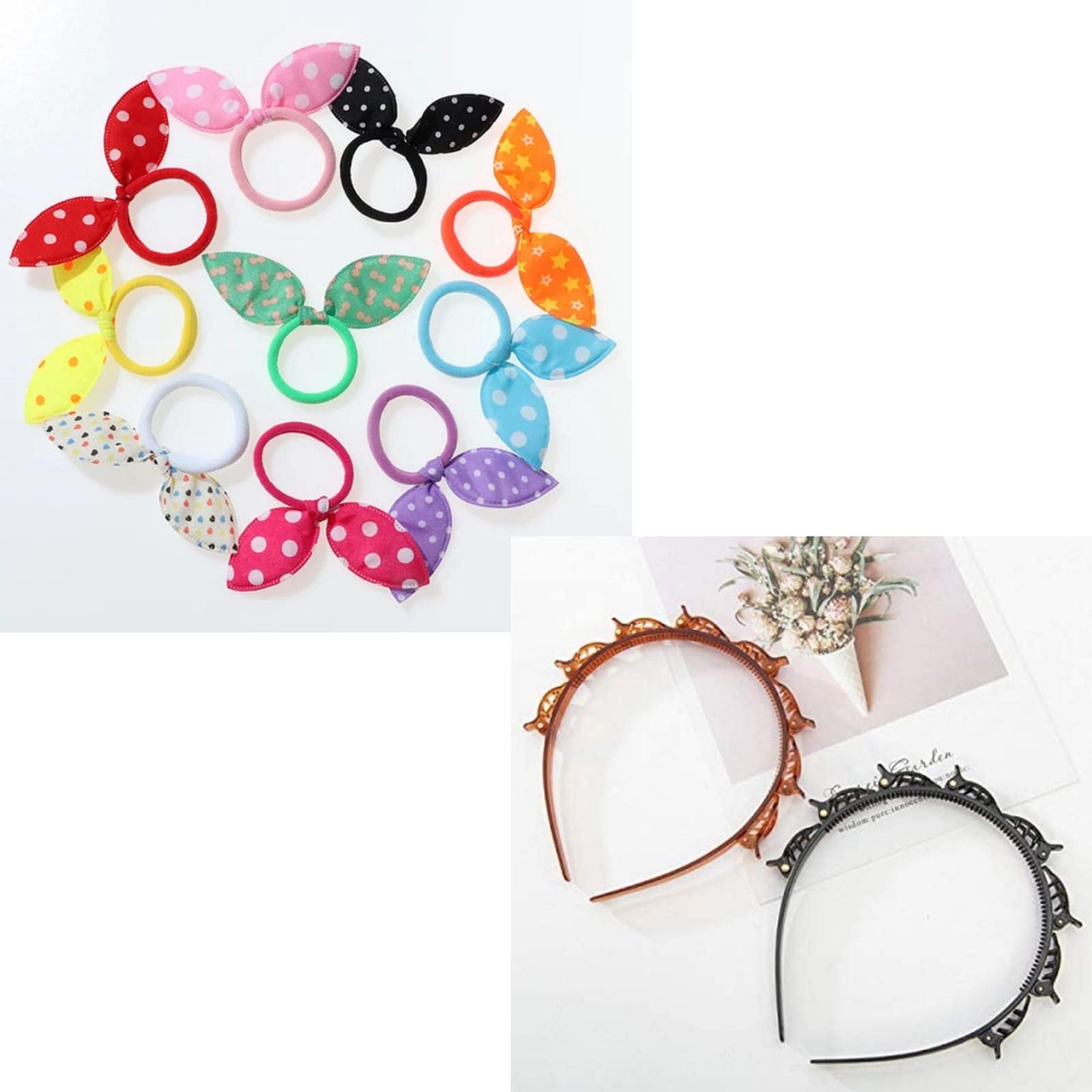 BELLO TOKO 14-Pack Hair Bands for Girls & Women - 12 Rabbit Ear Rubber Bands & 2 Twister Hair Ties (Black & Brown) - Cute Hair Accessories for School, Work, Parties & Everyday Styling