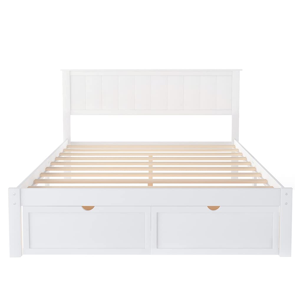 Pinewood Full Size Platform Bed Frame with Pull-Out Drawers & Headboard - Under Bed Storage Space for Kids & Teens - White - Perfect for Small Bedrooms & Dorm Rooms
