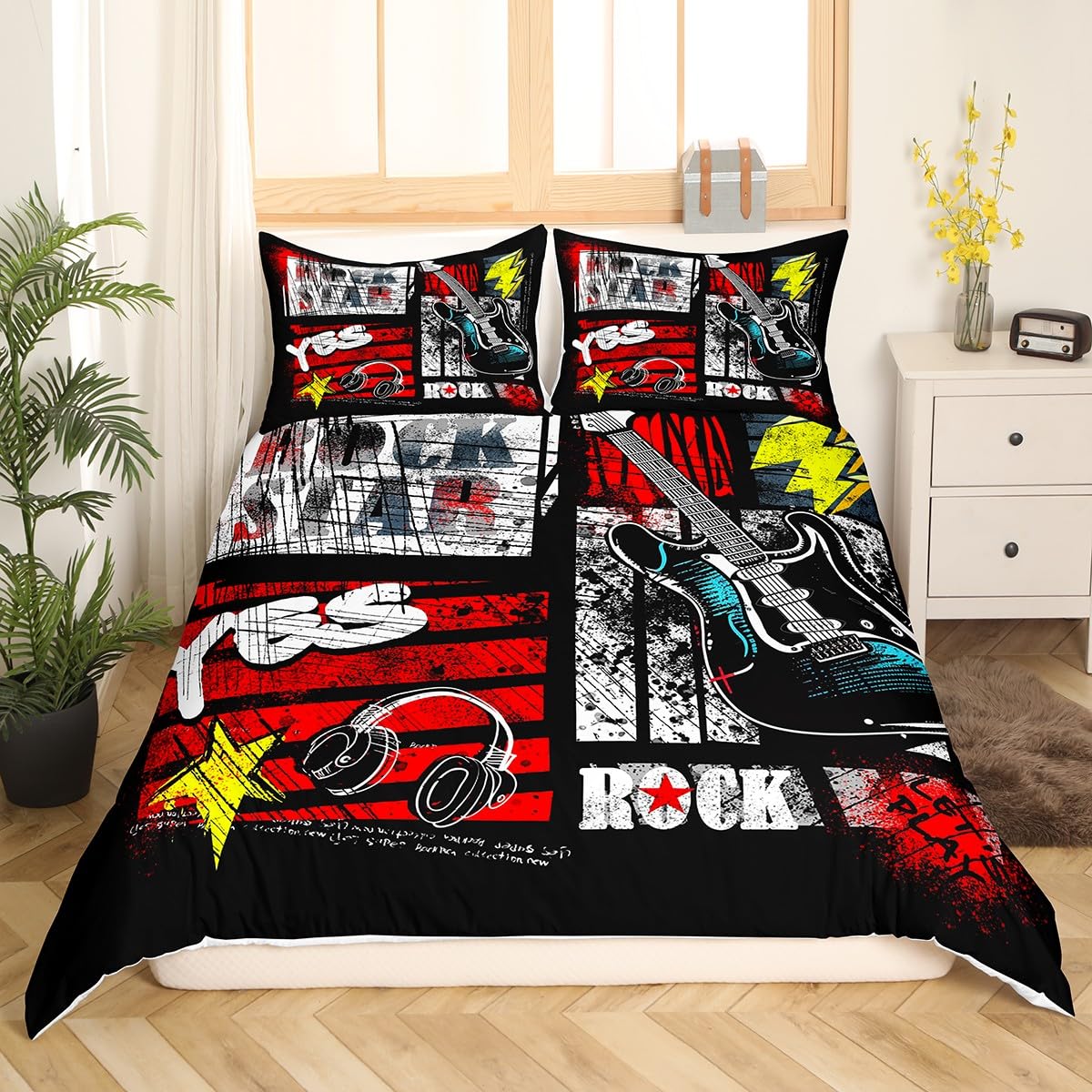 Manfei Rock Roll Duvet Cover Set Twin Size - Music Theme Guitar Headset Bedding for Kids Boys Teens - Graffiti Style Comforter Cover with Pillowcase (No Filler) - Perfect for Rock Music Lovers' Bedroom Decor & Teen Boy's Themed Room