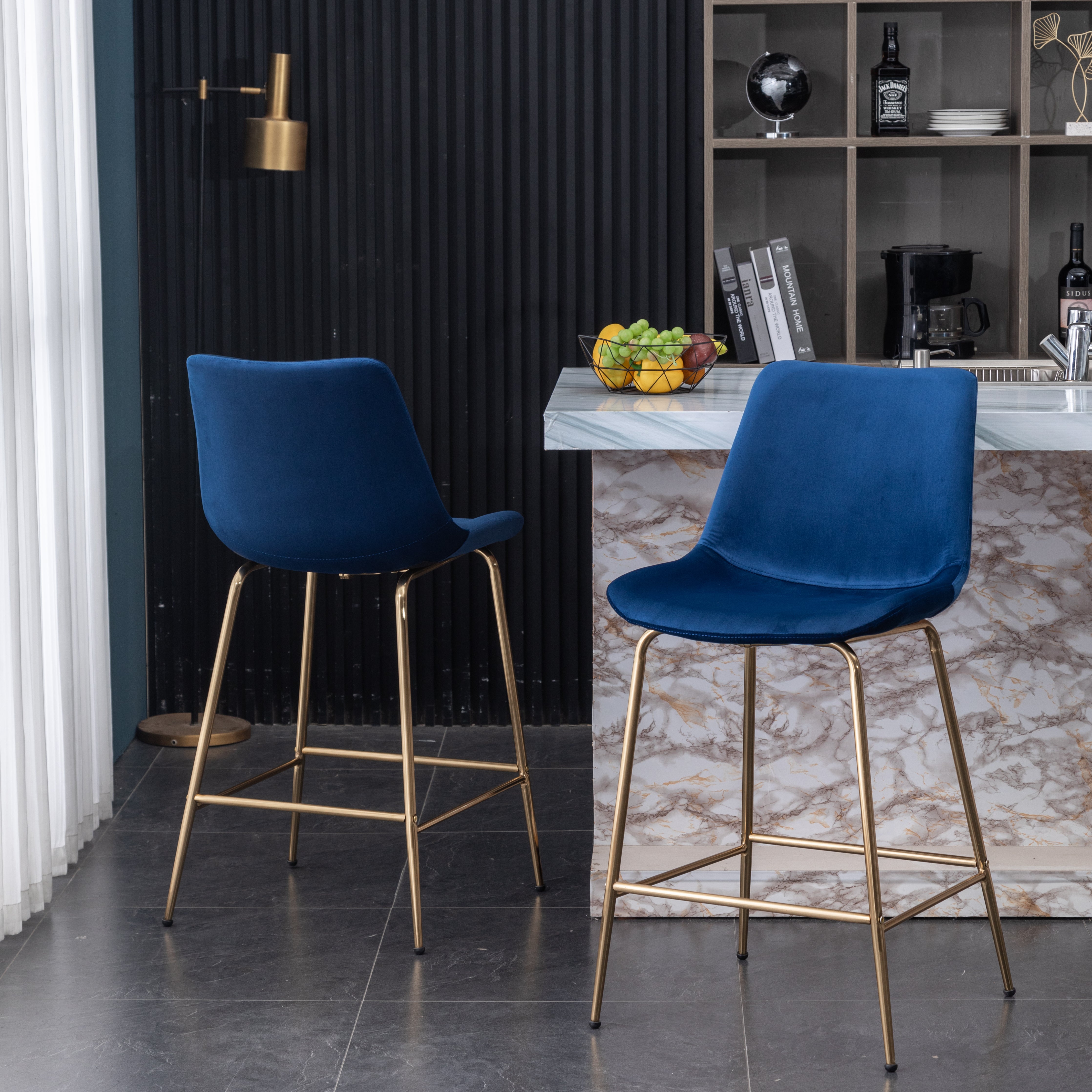 Roundhill Furniture Aufurr Modern Velvet Counter Height Bar Stools - Set of 2, Navy Blue Velvet Upholstery, 26.5