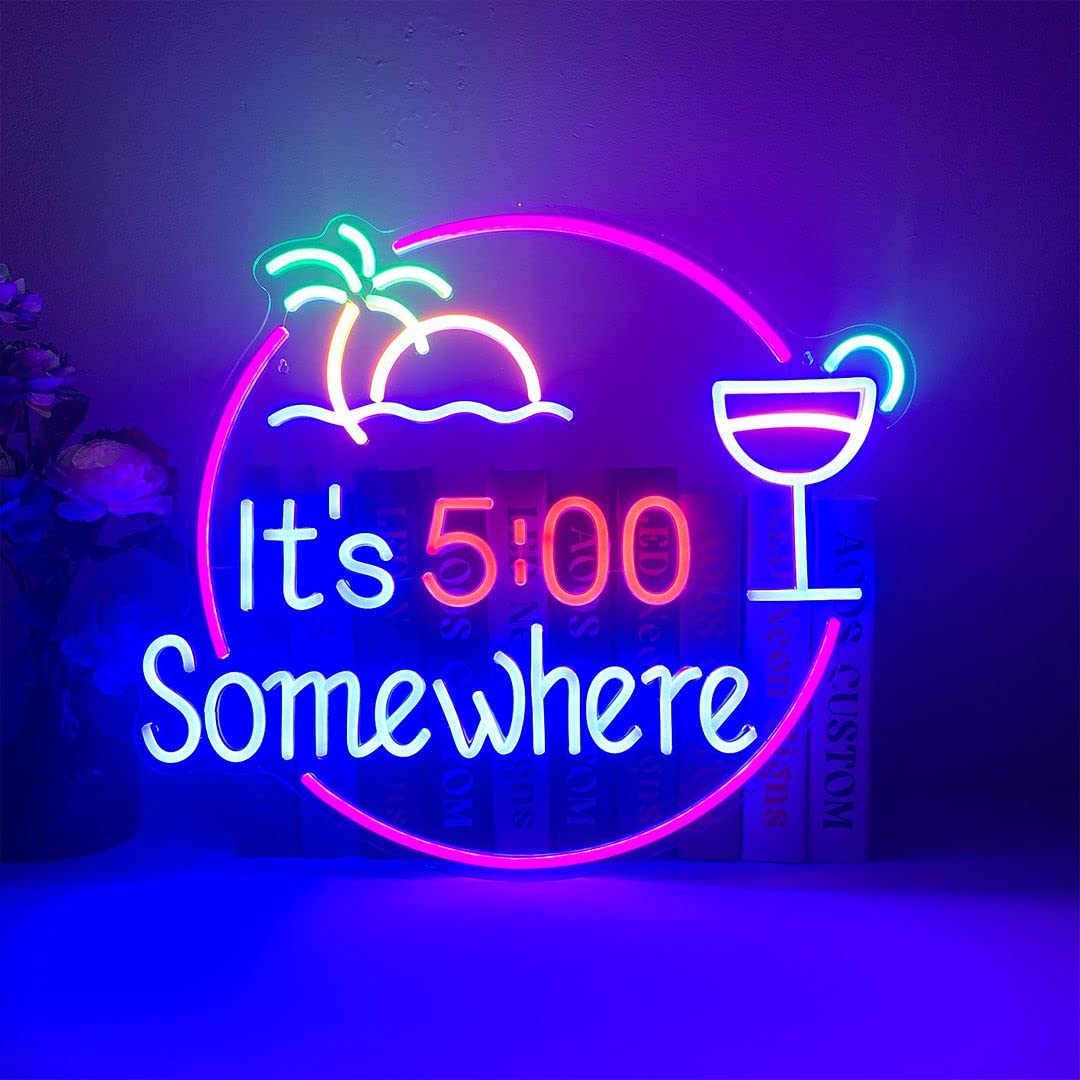 Custom Neon Signs for Room Decor - LED Neon Lights for Bedroom, Home, Wedding & Party Decor - Aesthetic Wall Art for Bathroom & Kitchen - Perfect for Bars, Cafes & Home Offices (It's 5 O'clock Somewhere Design)