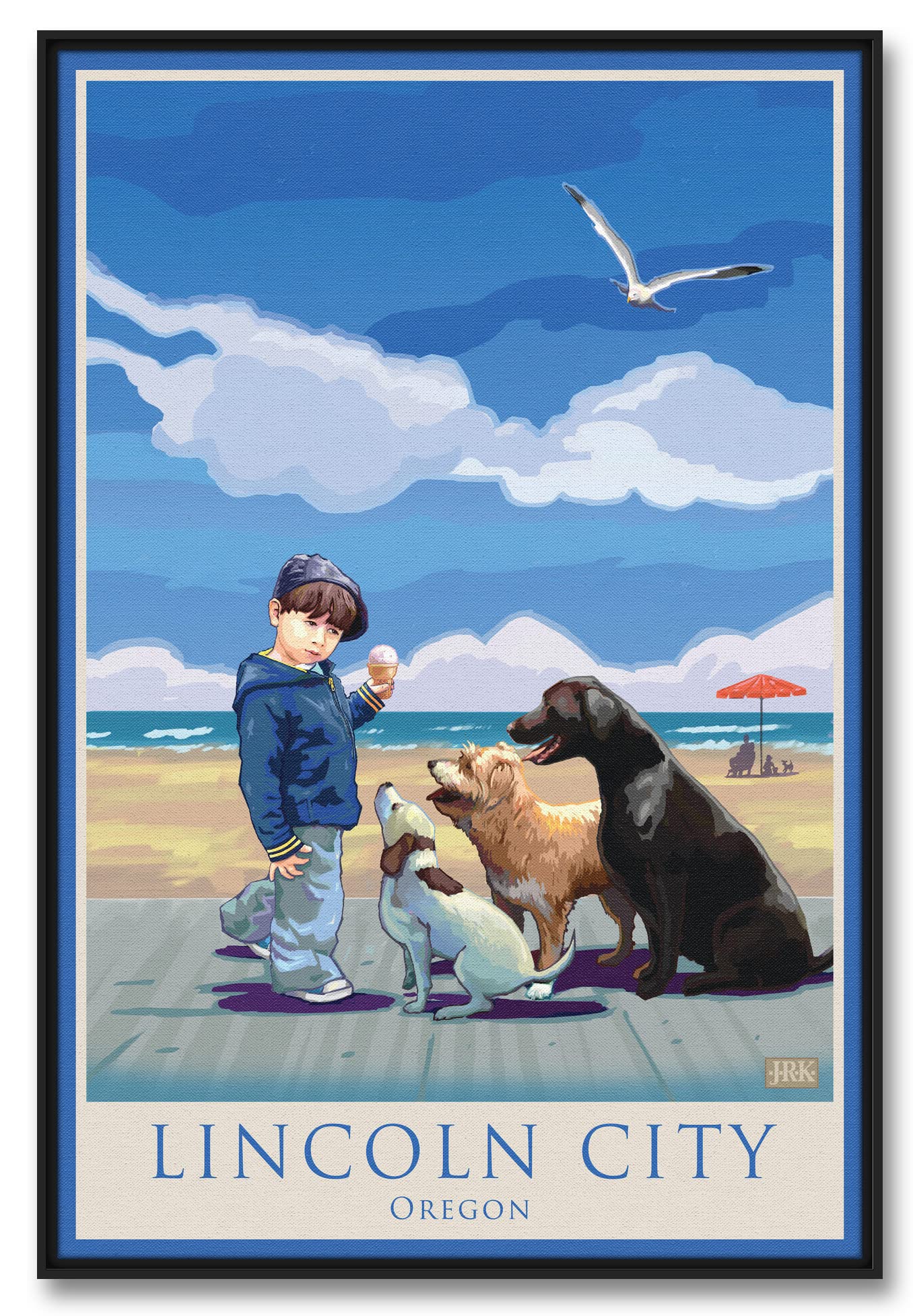 Lincoln City Oregon Dog Snacks Art - Professionally Framed Giclee Canvas Wall Decor 24x36 inches - Pet Lover Gift for Living Room, Bedroom & Office - by Artist Joanne Kollman