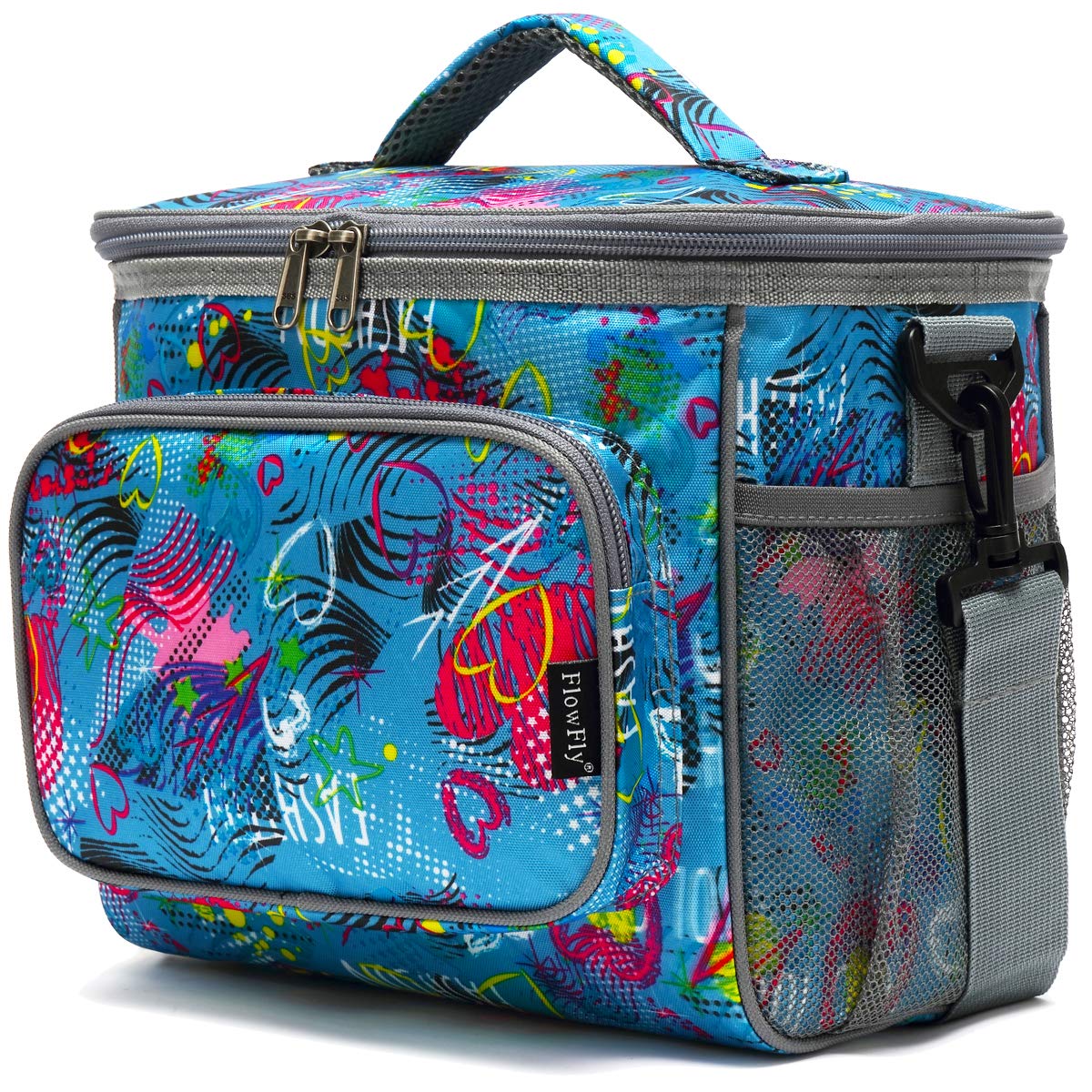 FlowFly Insulated Reusable Lunch Bag for Adults - Large Lunch Box with Adjustable Shoulder Strap, Front Zipper Pocket & Mesh Side Pockets - Perfect for Work, School, Picnics & Outdoor Activities
