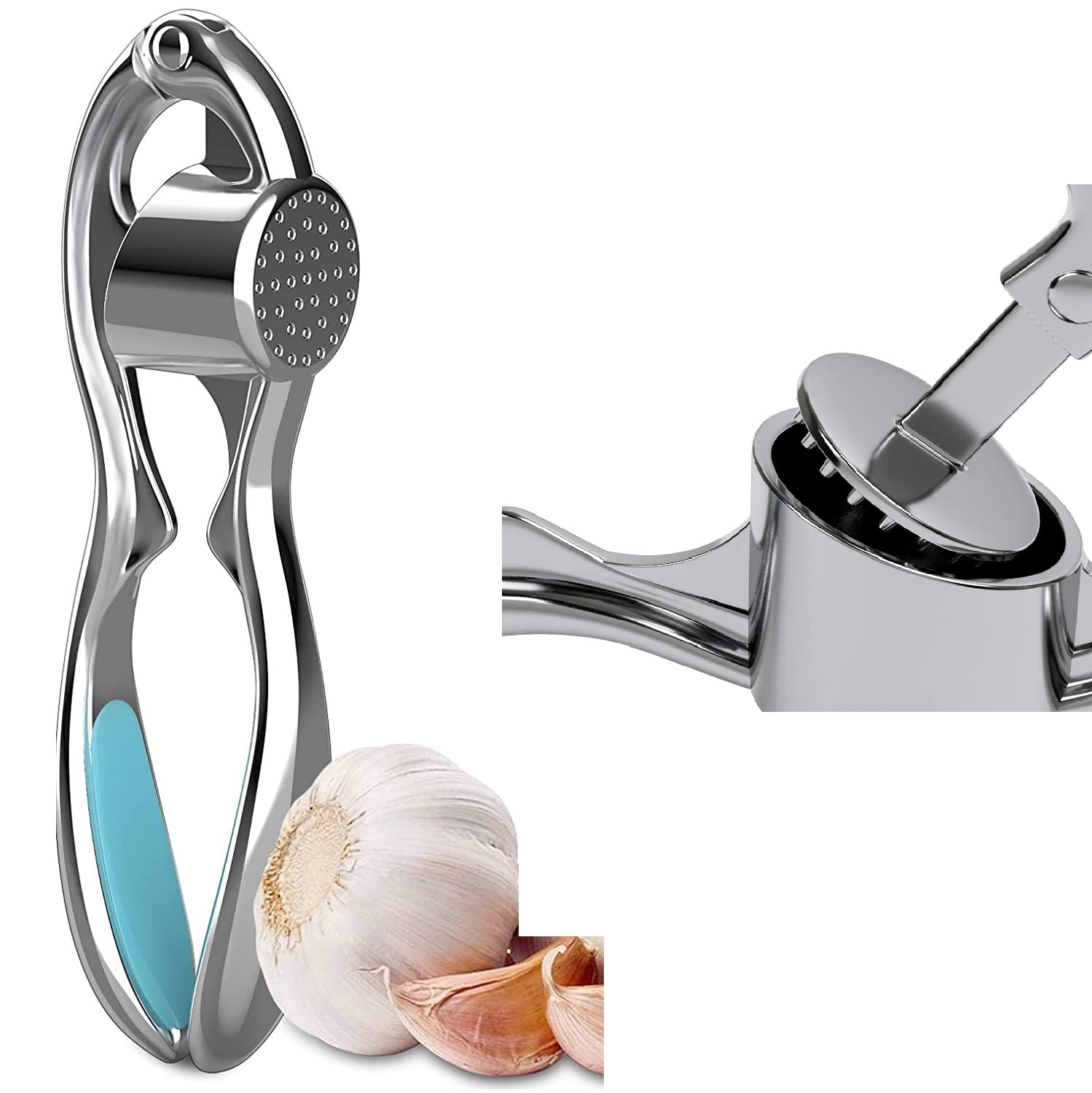 Premium Stainless Steel Garlic Press & Crusher with Silicone Peeler - Professional Kitchen Garlic Mincer, Slicer & Grinder - Easy Clean Dishwasher Safe - Perfect for Home Cooking, Restaurants & Meal Prep (Blue)