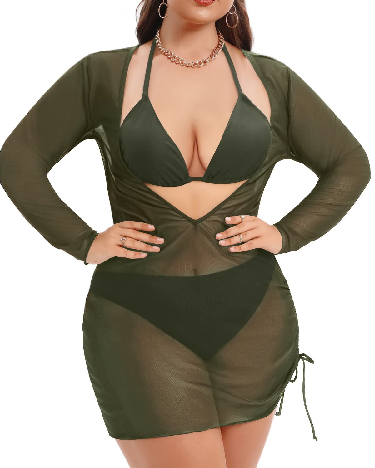 Aqua Eve Plus Size 3 Piece Bikini Set - Women's Swimwear with Cover Up, High Waisted Bathing Suit for Beach, Pool & Summer Vacation