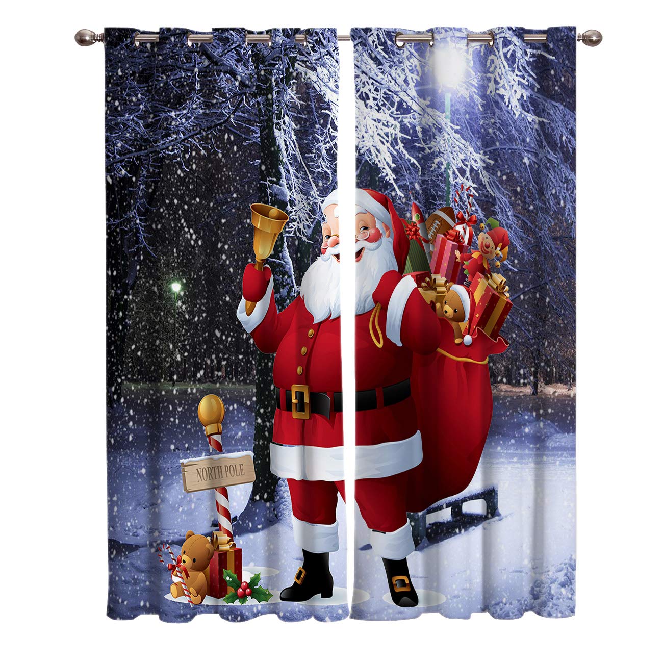 T&H Home Blackout Curtains - Silver Grommet Christmas Village Snow Scene with Santa Claus & Sock Gifts Pattern - 2 Panels Set (104