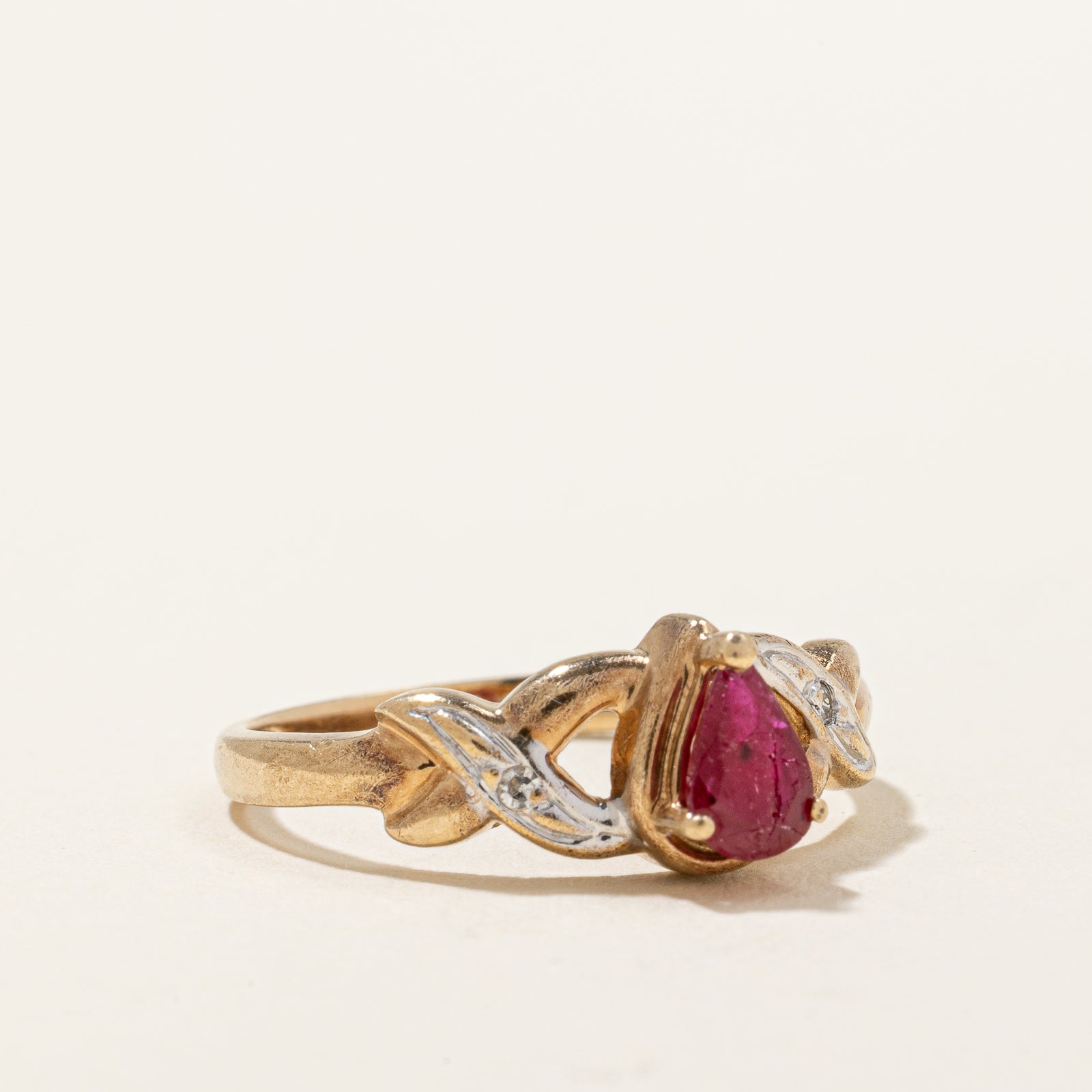 Pear Cut Ruby & Diamond Crossover Ring - 0.40ct Ruby & 0.02ctw Diamonds - Size 6.75 - Elegant Bridal & Anniversary Jewelry Gift for Her
