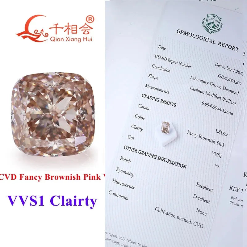 2.75ct CVD Lab Grown Diamond - Fancy Brownish Pink, VVS Clarity, Cushion Shape, GEMID Certified Loose Stone for Jewelry Making & Engagement Rings