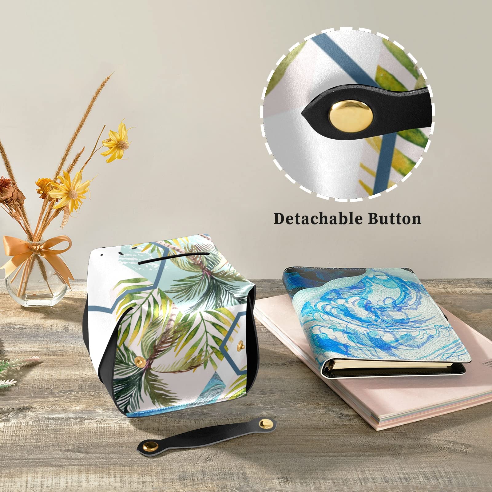 Elegant Hexagon Marble-Pattern Leather Tissue Box Cover with Handle - Tropical Leaves & Palm Tree Design - 9.4x5.1x3.6 inches - Perfect for Bathroom, Nightstand, Vanity, Office Desk & Car