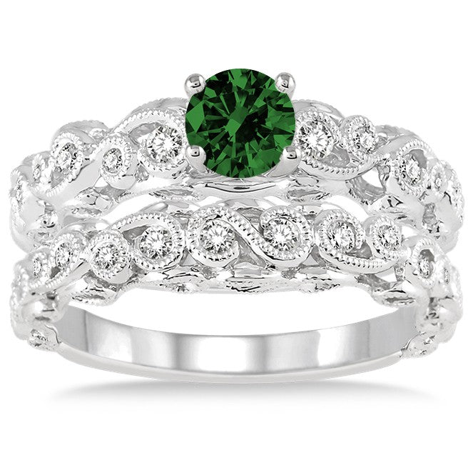 1.25 Carat Emerald Infinity Vintage Bridal Ring Set with Round Cut Moissanite Diamond in 10k White Gold – Perfect for Engagement, Wedding & Anniversary Gifts