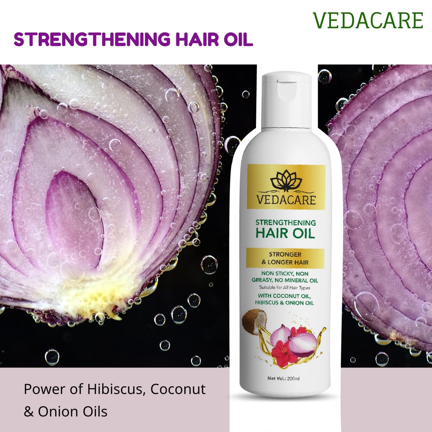 Vedacare Strengthening Hair Oil for Hair Fall Control - Natural Onion, Hibiscus & Coconut Oil Blend - Anti Hair Loss Treatment, No LLP, No Preservatives | Promotes Hair Growth & Reduces Hair Fall | Perfect for Daily Scalp Massage & Damaged Hair Repair
