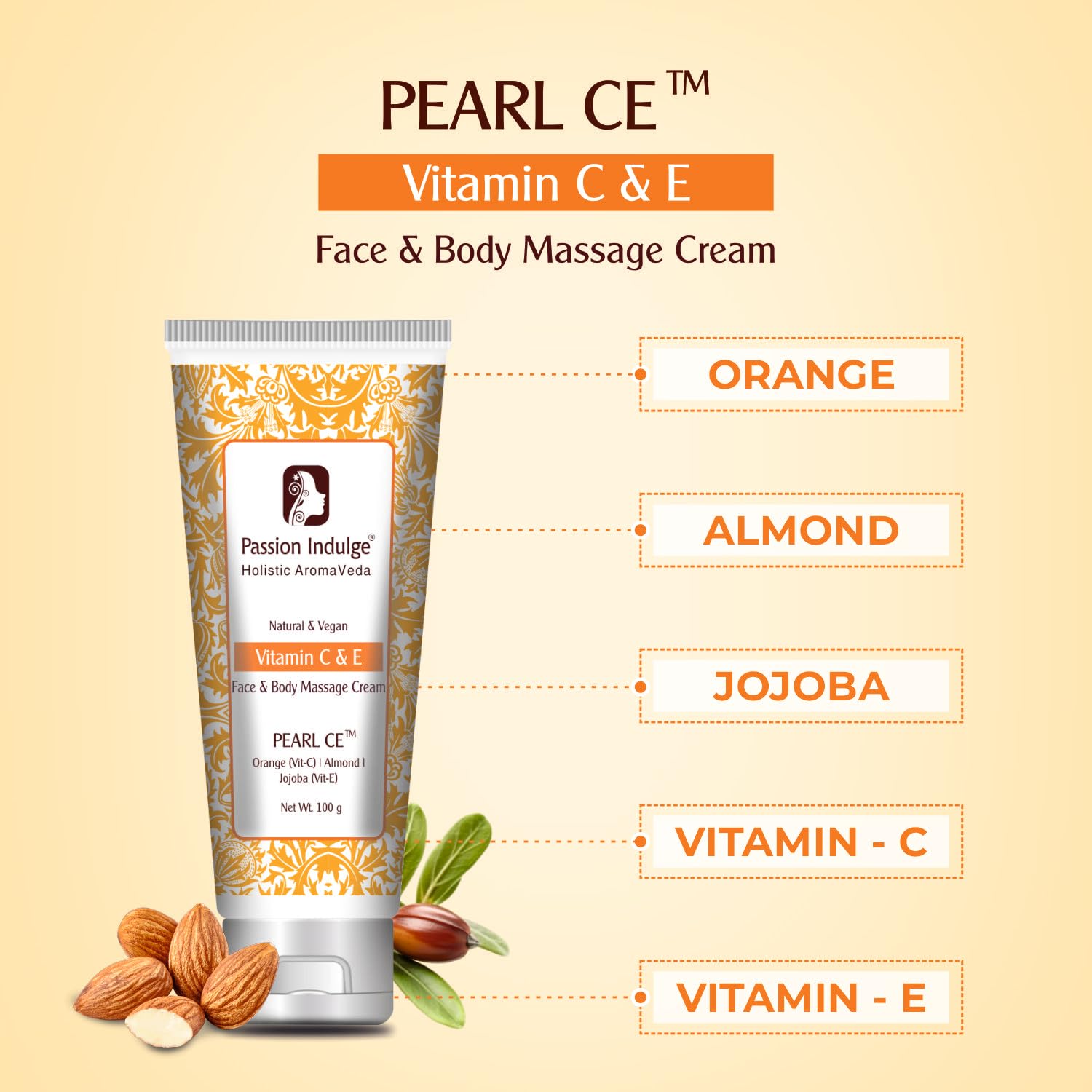 Passion Indulge Pearl-CE Vitamin C & E Face and Body Cream - Natural Moisturizer with Orange, Almond & Jojoba Oil for All Skin Types (100g) | Brightening, Hydrating & Nourishing | Perfect for Daily Skincare & Night Routine