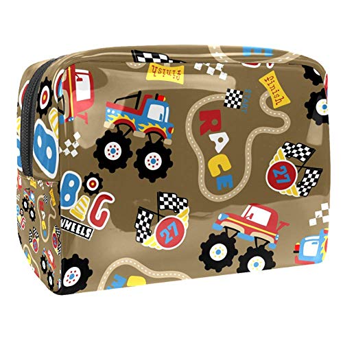 Monster Truck Race Cartoon Pattern Makeup Bag - Portable Cosmetic Travel Bag for Women | Perfect for Travel, Gym & Daily Use