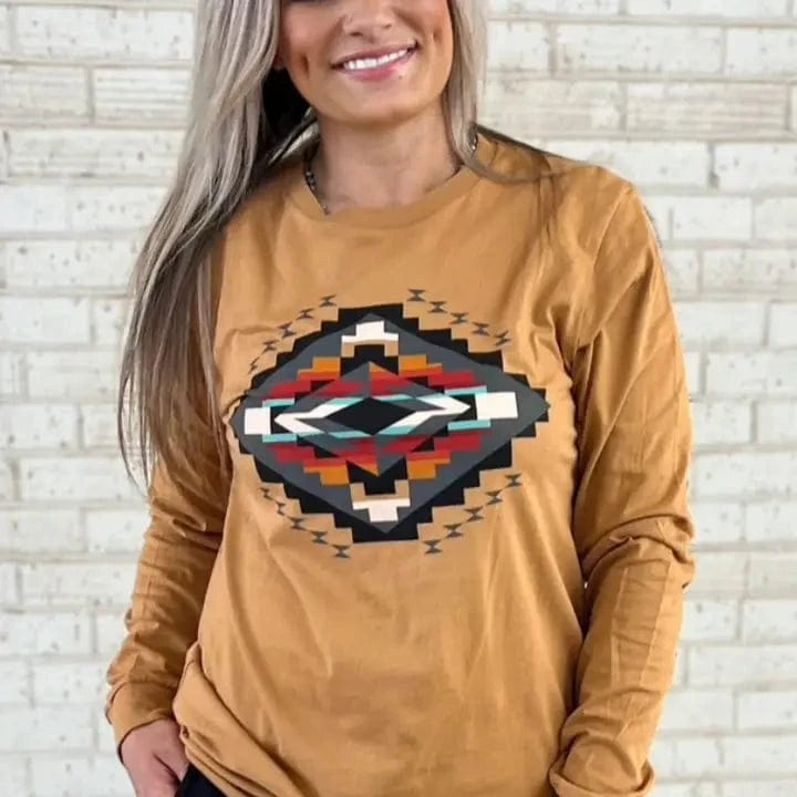 Women's Long Sleeve Aztec Print Mustard Yellow T-Shirt - Boho Chic Style for Casual Wear & Fall Fashion