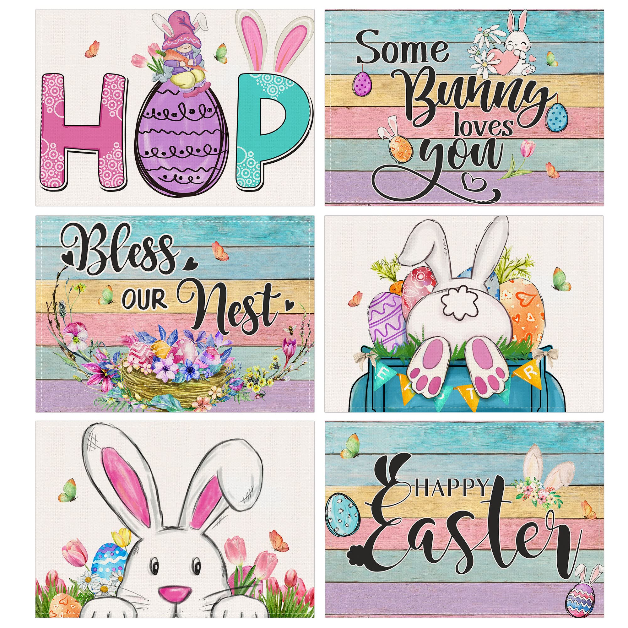 Easter Bunny Placemats Set of 6 - 12x18 Inch Rabbit Pattern Table Mats for Dining - Waterproof Easter Table Decor for Spring Parties, Holiday Dinner & Home Decoration