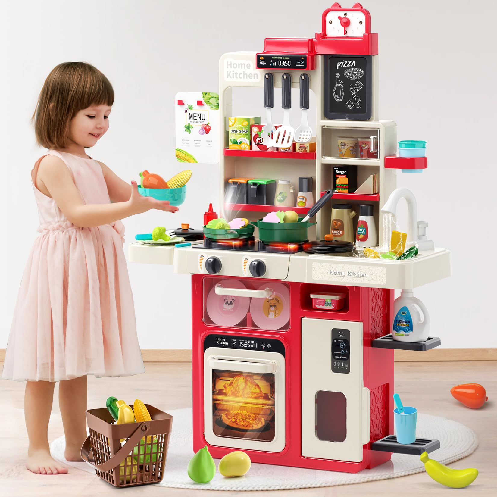 **Red Play Kitchen Toy Set for Kids with Real Steam, Sounds, Lights & Sink - Pretend Play Kitchen with Food & Accessories - Perfect Gift for Toddlers & Preschoolers (Birthday, Christmas, Role Play Fun)**
