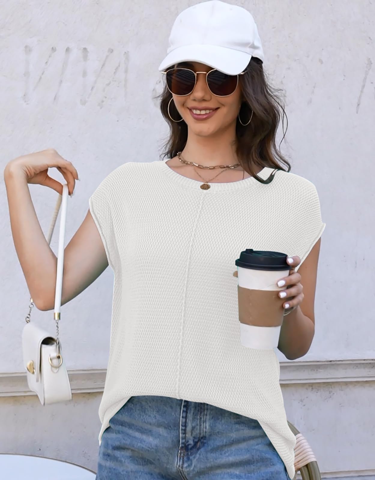 Women's Waffle Knit Sweater Shirts - Cap Sleeve Summer Tops & Basic Tank Tops | Casual Outfits, Beach Wear & Layering Essentials