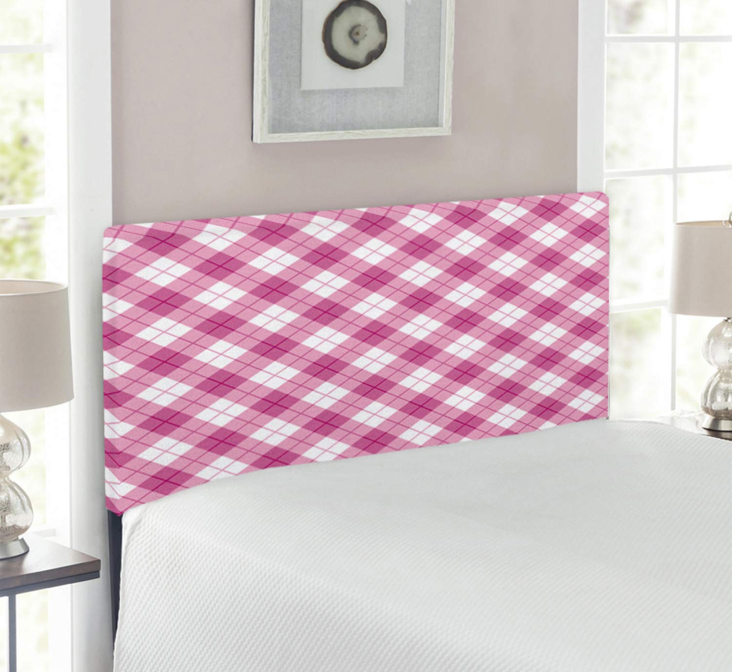 Ambesonne Abstract Upholstered Headboard - Geometric Diagonal Pastel Design, Twin Size Fuchsia Pale Pink White - Decorative Metal Bed Headboard with Memory Foam for Girls Room, Teen Bedroom & Dorm Decor