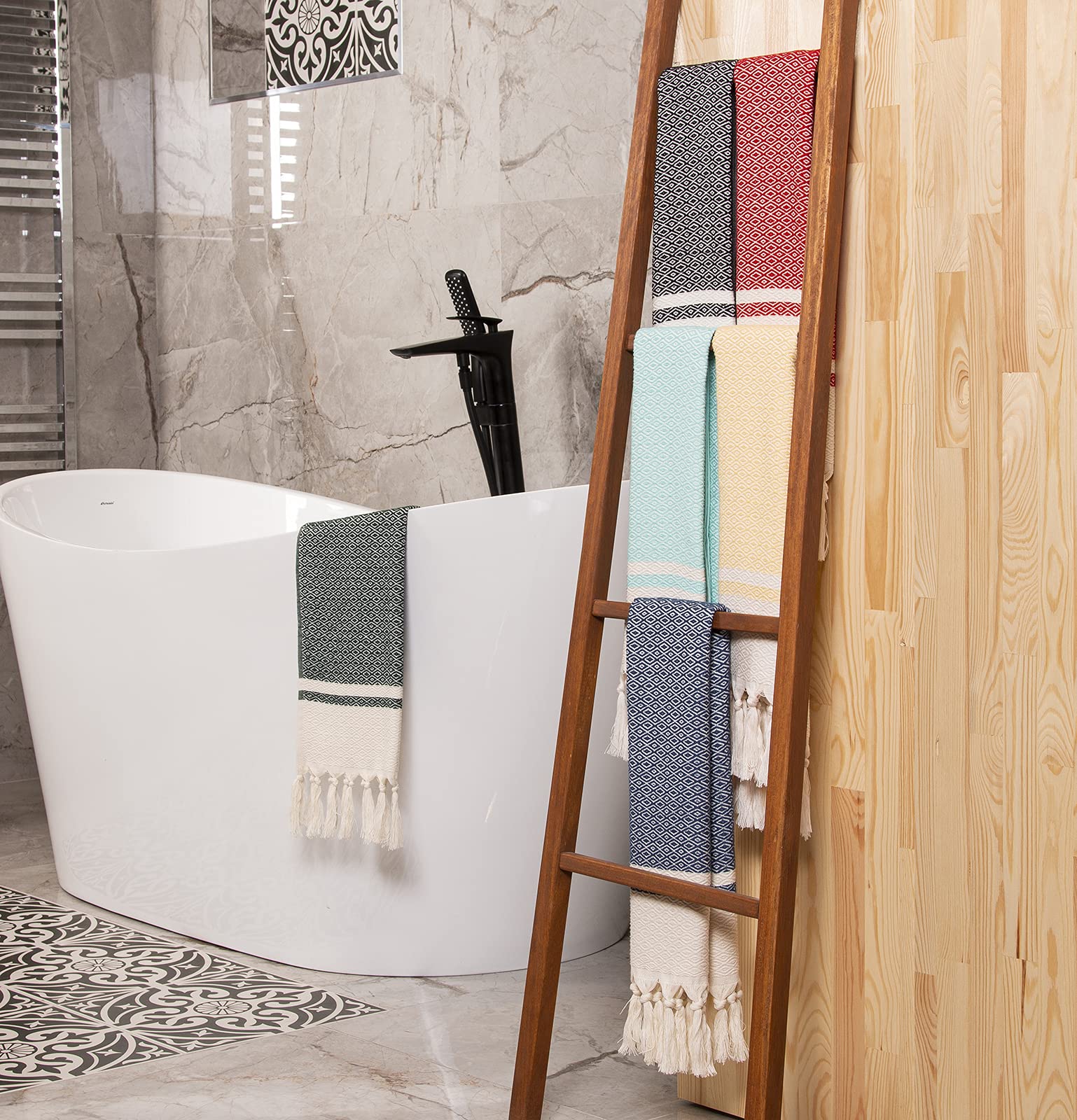 Rumi & Shams Turkish Farmhouse Boho Hand Towels Set of 2 - 16x32 Inches 100% Cotton Navy Blue - Perfect for Kitchen, Bathroom & Boho Home Decor