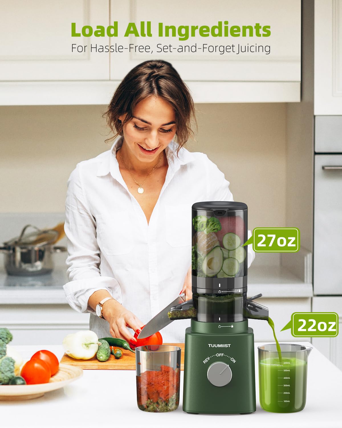 Premium Cold Press Slow Masticating Juicer with 8 BPA-Free Juice Bottles - Quiet Motor for Fruits & Vegetables, 4.25