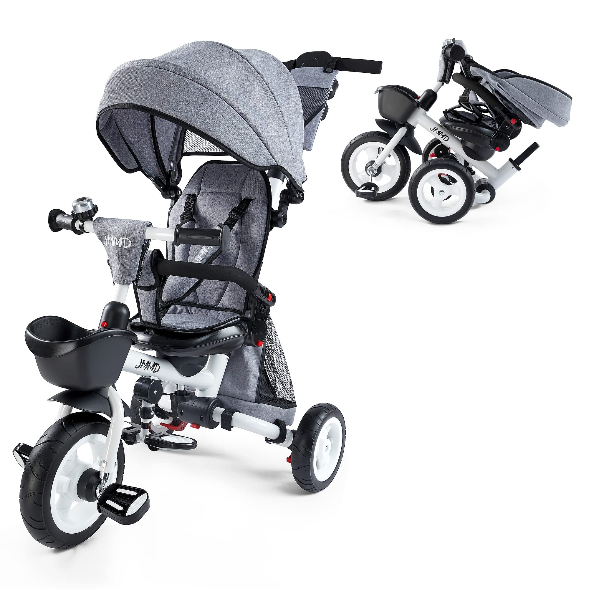 JMMD 7-in-1 Foldable Baby Tricycle with Adjustable Parent Handle, Safety Harness & Wheel Brakes - Convertible Toddler Bike with Removable Canopy & Storage Basket - Perfect Stroller Bike Gift for Kids 18 Months to 5 Years (Grey) - Ideal for Park Rides, Outdoor Adventures & Learning to Ride