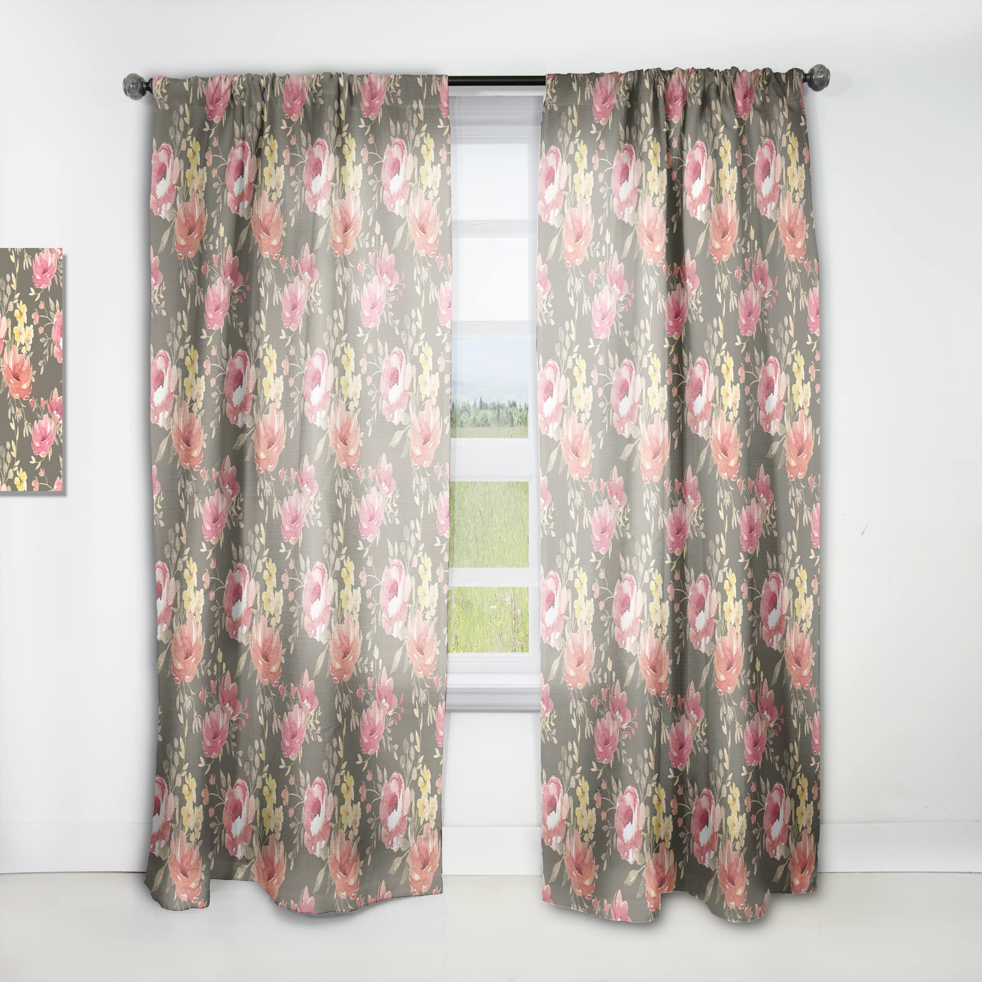 DesignQ Watercolor Floral Curtains - Pink, Yellow & Red Flower Pattern - Thermal Insulated Single Panel (52x84 inches) for Bedroom & Living Room - Perfect for Home Decor, Privacy & Light Control