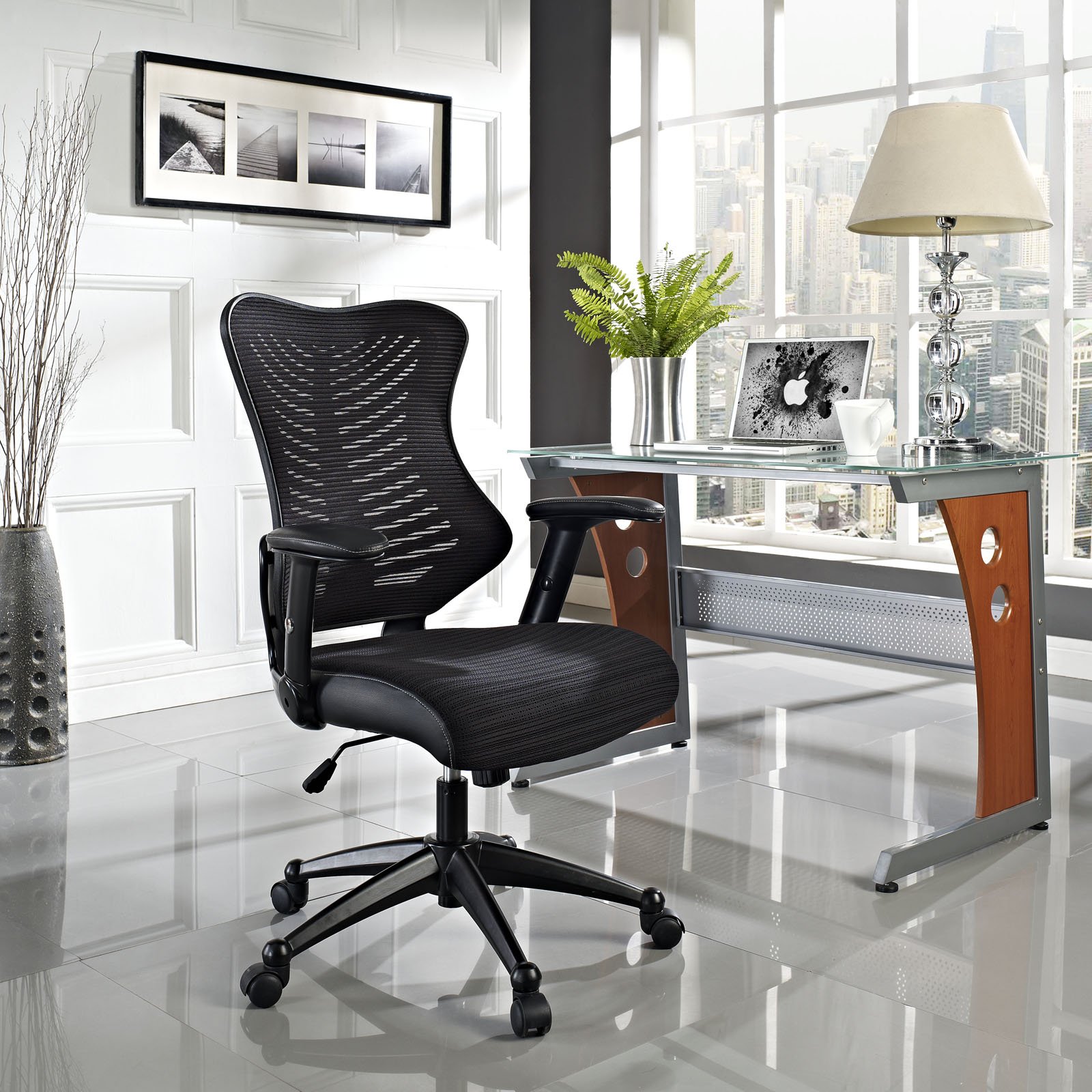 Modern Office Chair - Ergonomic Black Faux Leather Desk Chair with Aluminum Base for Home & Business Workspaces - Perfect for Long Hours of Comfortable Sitting in Office, Study or Gaming Setup