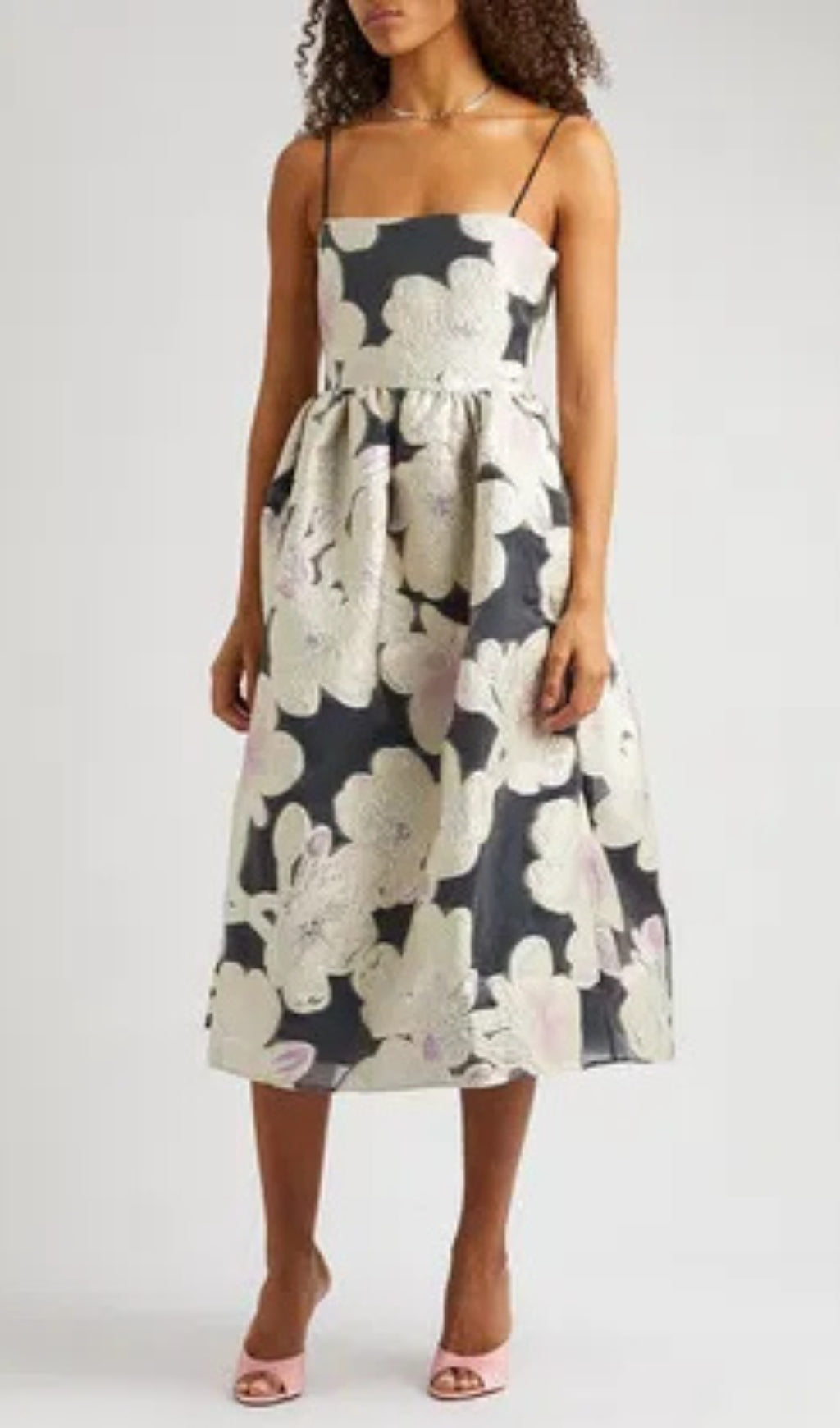 Floral Jacquard Midi Dress for Women - Elegant A-Line Summer Dress with Puff Sleeves - Perfect for Weddings, Parties & Office Wear