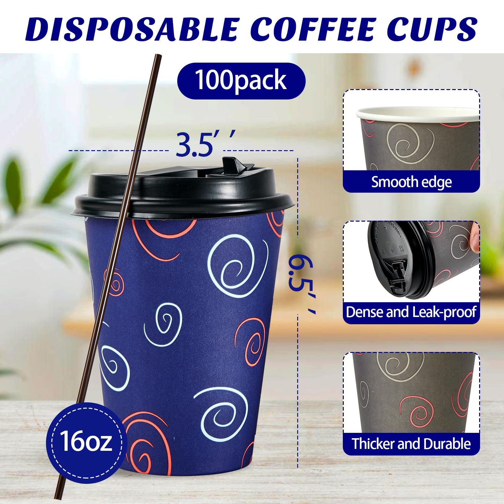 100 Pack 16 oz Disposable Paper Coffee Cups with Lids & Straws - Bulk Hot/Cold Drink Cups for Water, Tea, Coffee - Perfect for Home, Office, Cafes, Restaurants & Parties