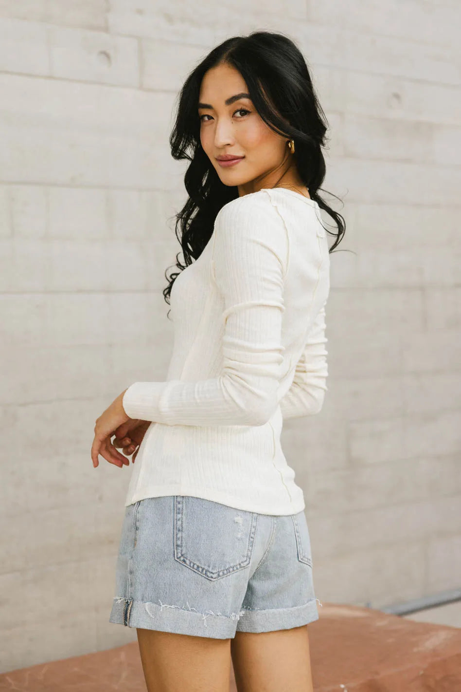 Emmilianne Ribbed Knit Top for Women - Soft Cream Stretchable Casual Shirt | Perfect for Layering, Office Wear & Everyday Outfits