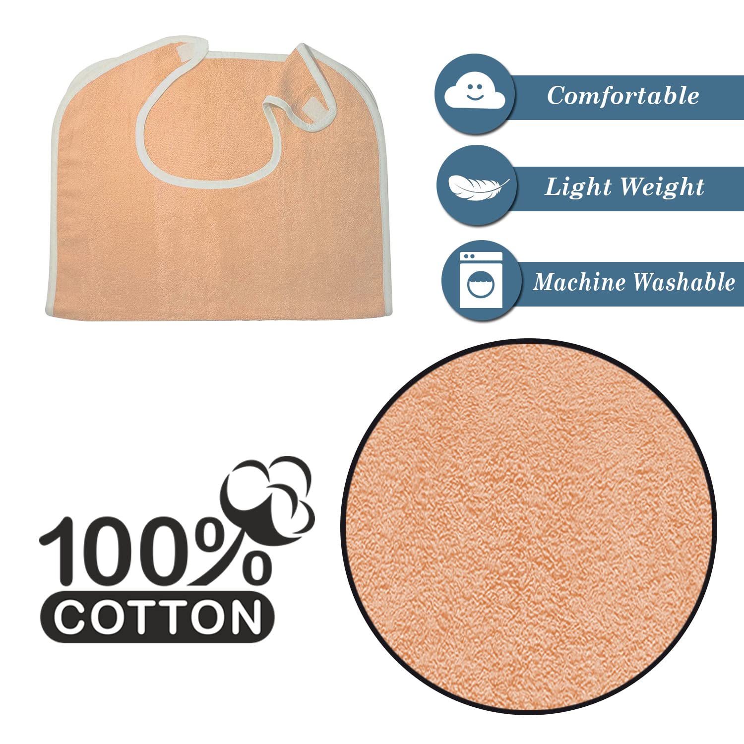 6 Pack Terry Adult Bibs with Velcro Closure - Soft Peach Color for Elderly Care, Dementia Patients & Mealtime Protection - Washable & Comfortable for Daily Use