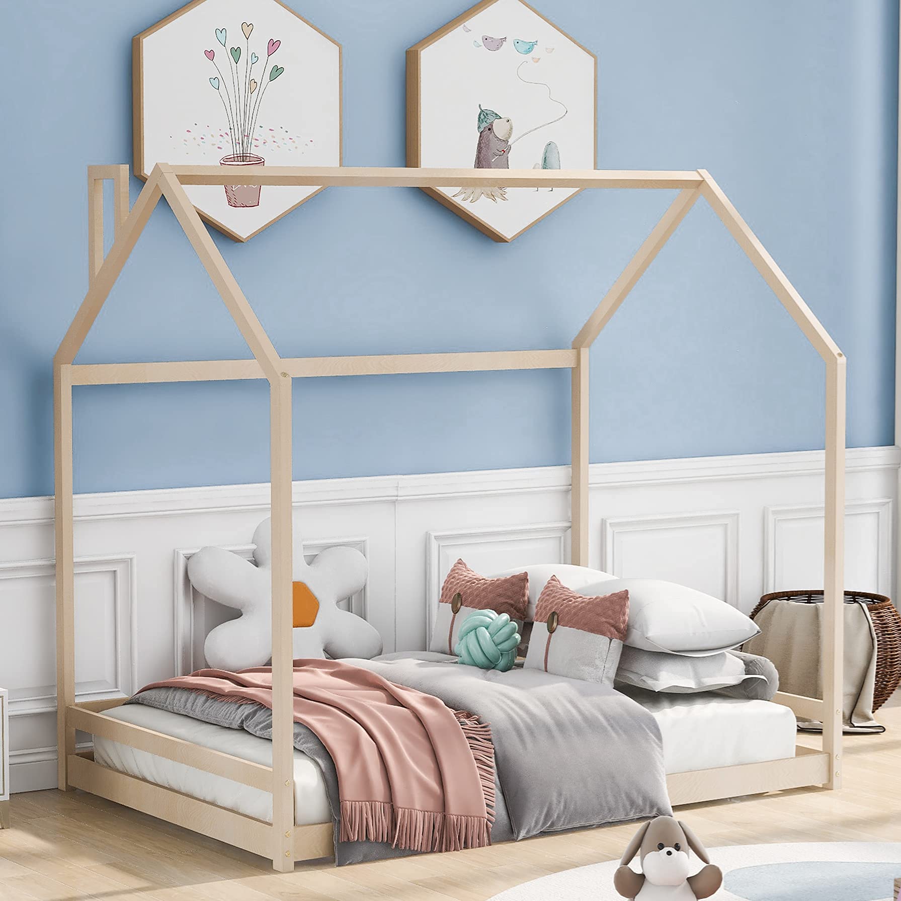 Harper & Bright Designs Full Size Wooden House Bed for Kids - Toddler Bed with Roof & Wood Floor Frame, Girls Boys Bedroom Furniture (Box Spring Required, Natural Finish) - Perfect for Nursery, Playroom & Kids Bedroom Decor