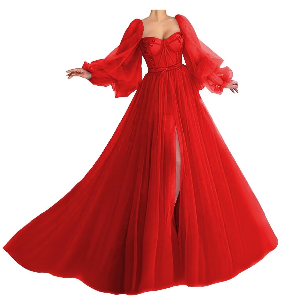 Elegant Red Tulle Prom Dress with Puffy Ball Gown & Long Sleeves - Corset Princess Dress for Women | Customizable Formal Gown for Homecoming, Wedding, Quinceañera & Special Occasions