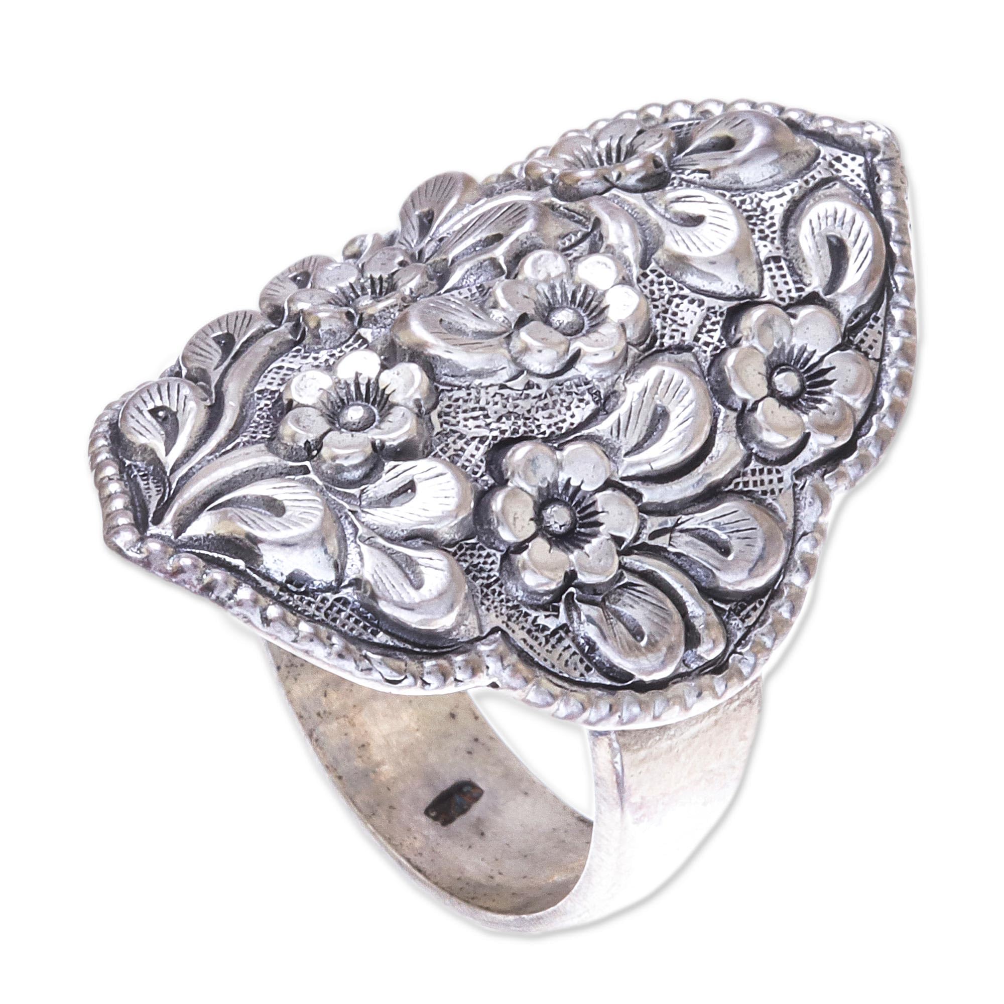 NOVICA Handmade .925 Sterling Silver Floral Cocktail Ring - 'Charming Daisies' from Thailand Hill Tribe | Perfect for Evening Parties, Weddings & Special Occasions