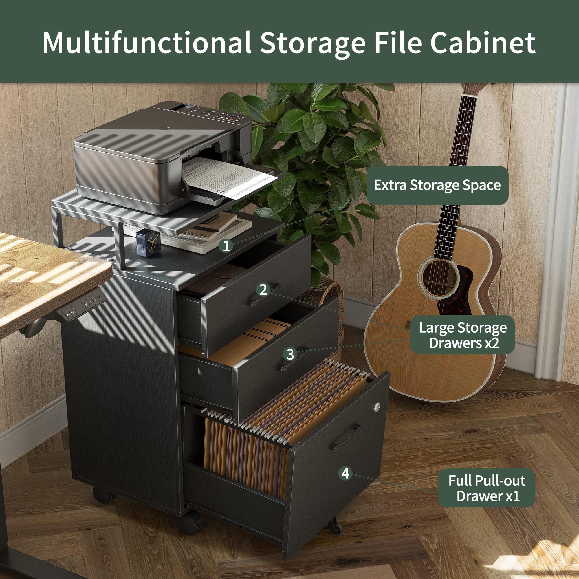 FEZIBO 3-Drawer Locking File Cabinet with Wheels - Wooden Storage Cabinet for A4/Letter/Legal Size Documents - Home Office Organization Solution for Files, Printer Stand & Office Supplies (Black) - Perfect for Small Spaces & Shared Workspaces