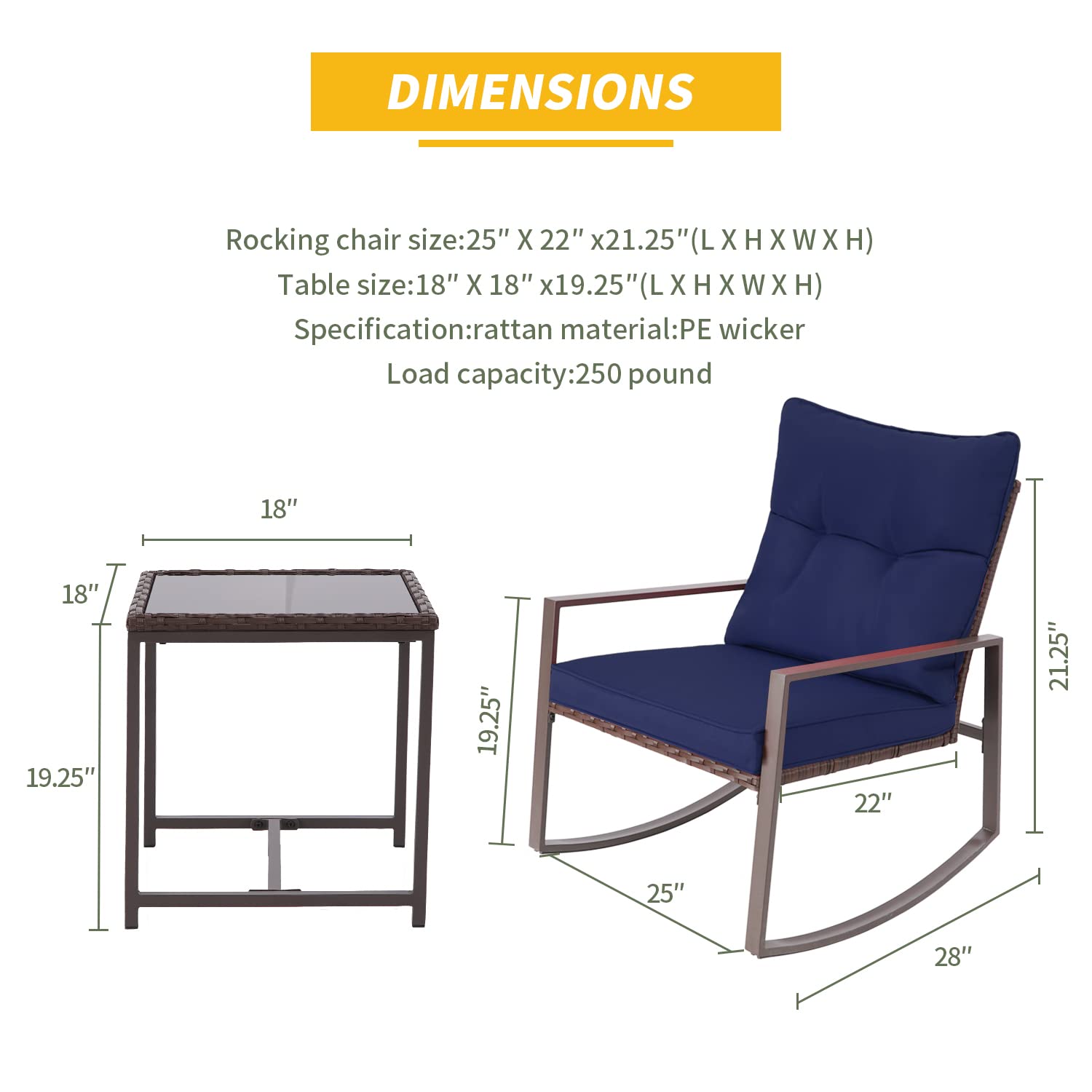SUNCROWN 3-Piece Outdoor Rocking Chair Set - Brown Wicker Patio Bistro Chairs with Glass Coffee Table & Dark Blue Cushions - Perfect for Garden, Porch, Backyard and Poolside Relaxation