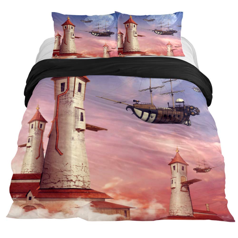 Anna Cowper Fantasy Towers & Flying Ship Illustration 3-Piece Duvet Cover Set - Extra Long Twin Size with Zipper Closure & Corner Ties | Whimsical Bedroom Decor for Teens & Adults | Perfect for Fantasy Lovers & Unique Gift Ideas