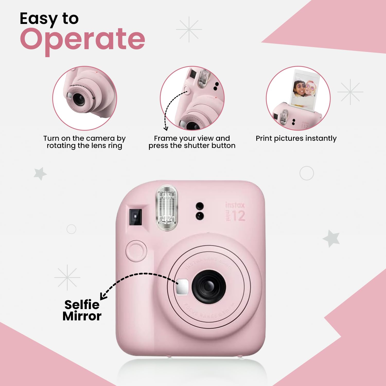 Fujifilm Mini 12 Instant Camera Starter Kit with 60-Sheet Film, 4 AA Batteries & Lens Cloth - Blossom Pink | Perfect for Travel, Parties & DIY Photo Albums