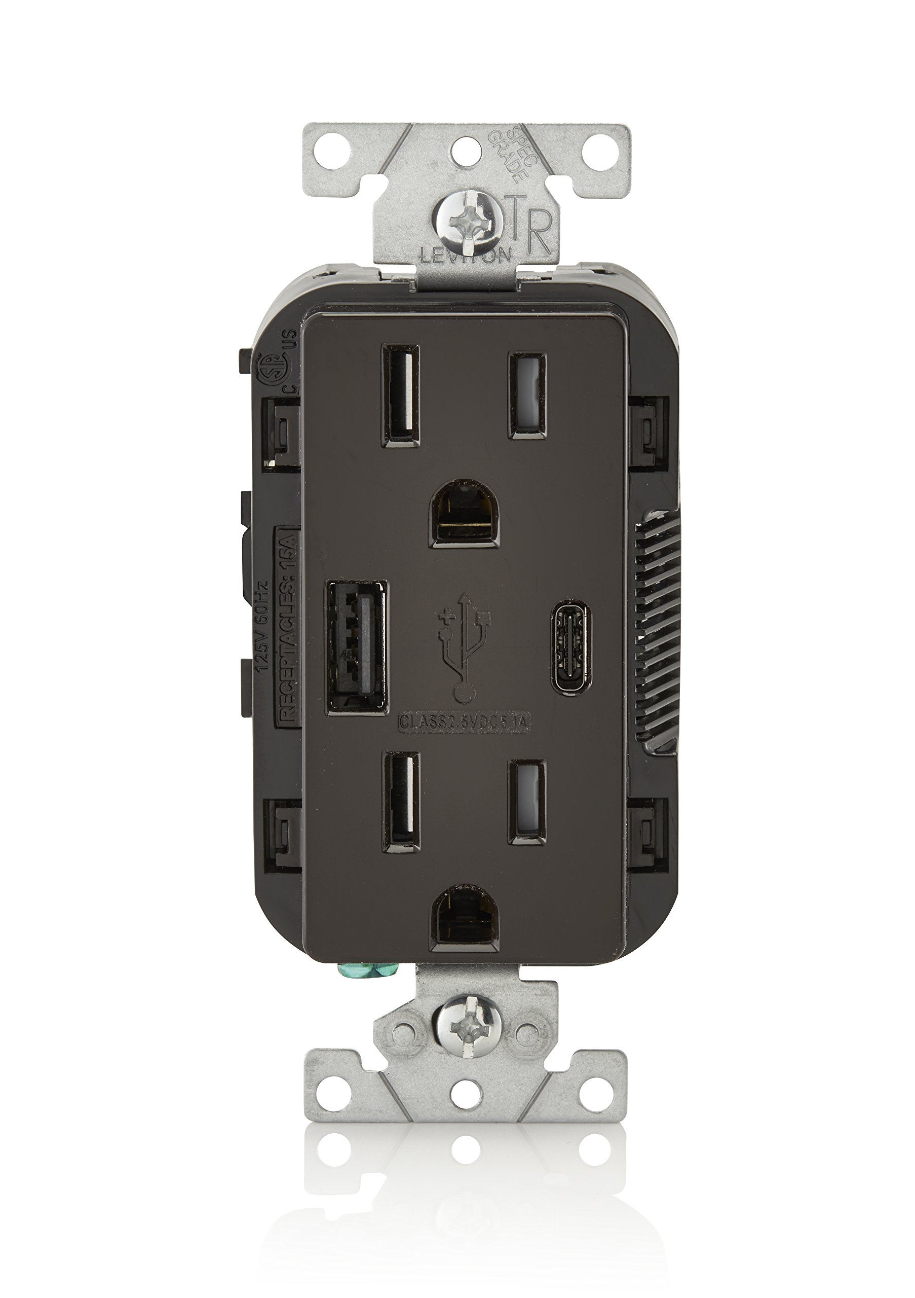 Leviton T5633-B 15-Amp USB Outlet with Type A & Type C Charging Ports, Tamper-Resistant Receptacle, Brown Screwless Wall Plate (6-Pack) - Perfect for Bedrooms, Kitchens & Home Offices