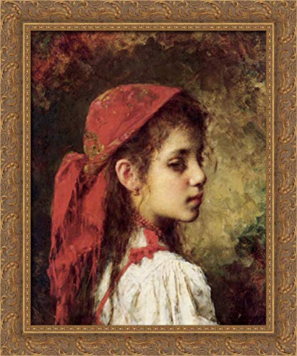Alexei Alexeivich Harlamoff 'Portrait Of A Young Girl In A Red Kerchief' 20x24 Inch Gold Ornate Wood Framed Canvas Art - Perfect for Living Room, Bedroom, or Office Wall Decor